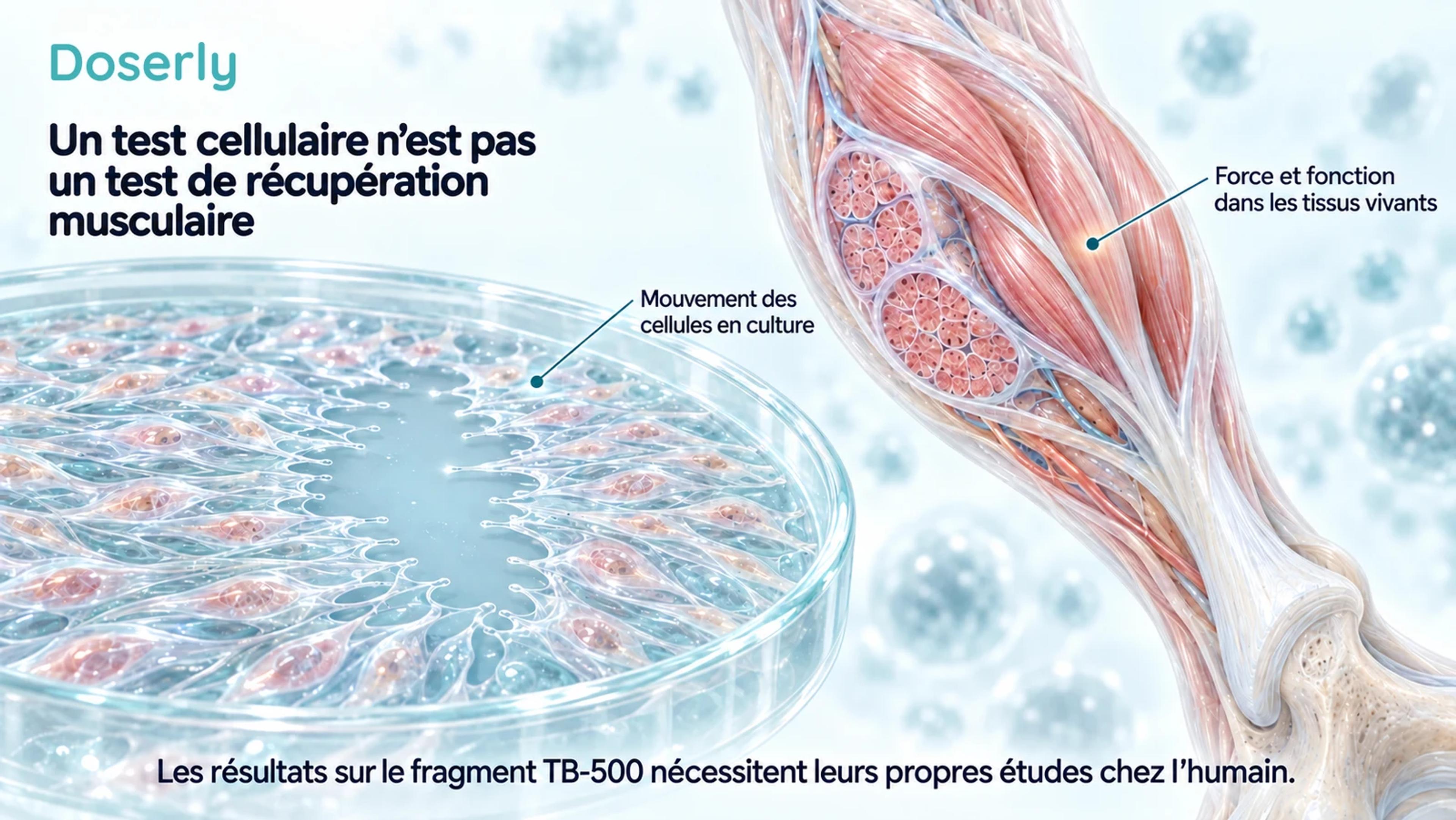 Fibroblastes en culture entourant un espace libre, à côté de représentations anatomiques détaillées et distinctes d’un muscle et d’un tendon.