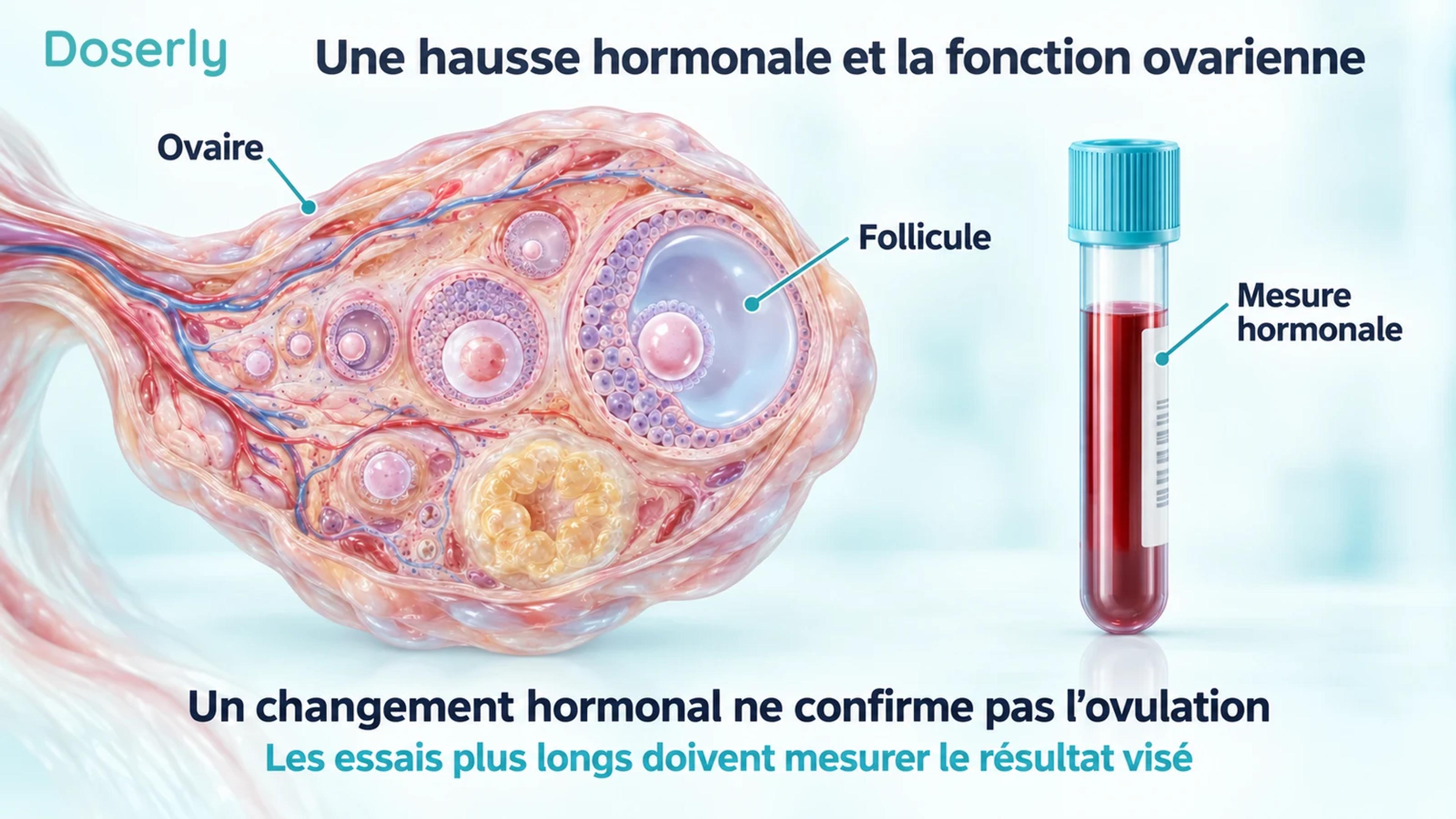 Un ovaire détaillé avec des follicules, à côté d’un échantillon sanguin distinct, illustre la fonction ovarienne et les analyses hormonales.