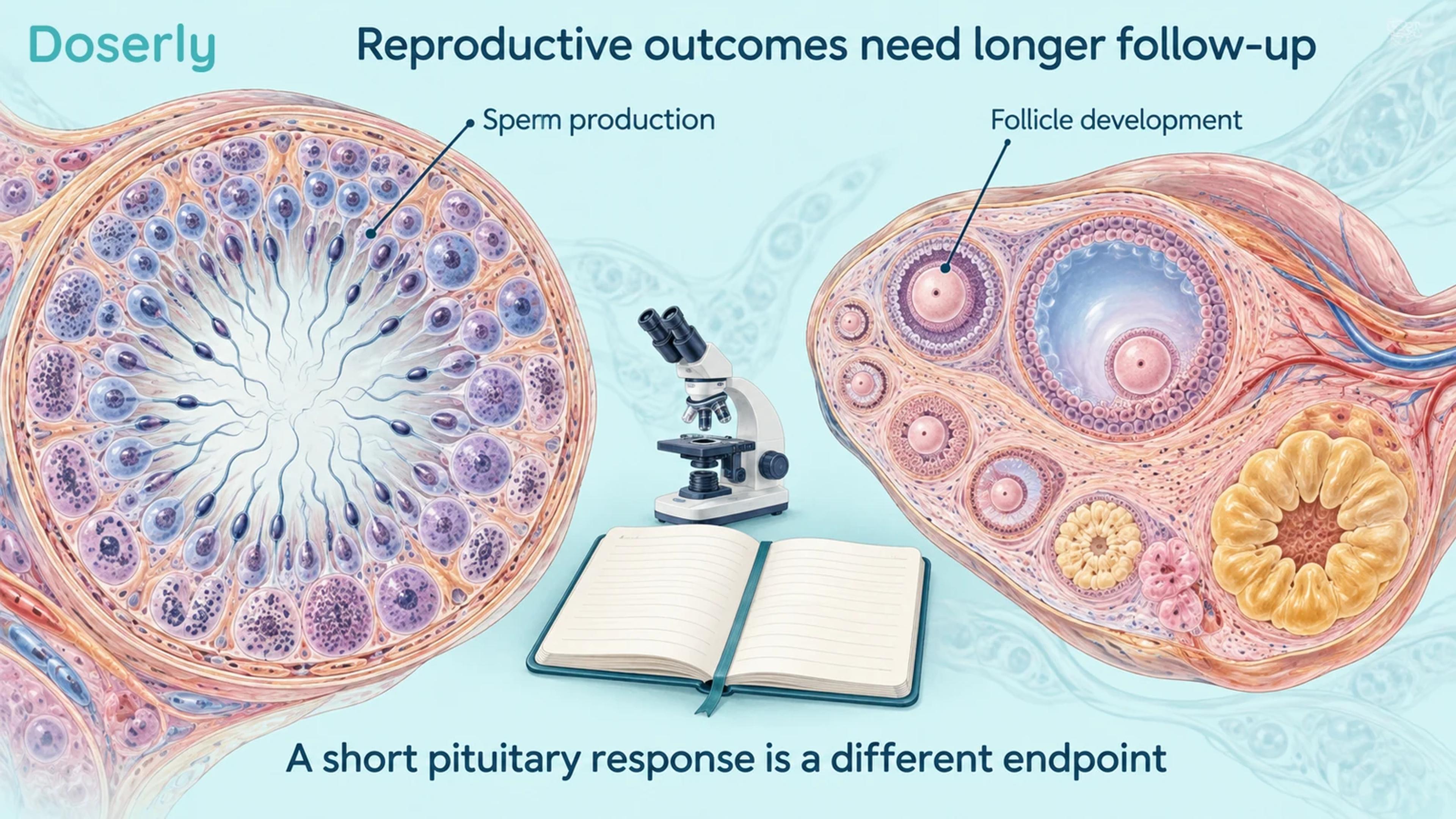 Detailed seminiferous tubule and ovarian follicle illustrations beside a microscope and blank follow-up notebook.