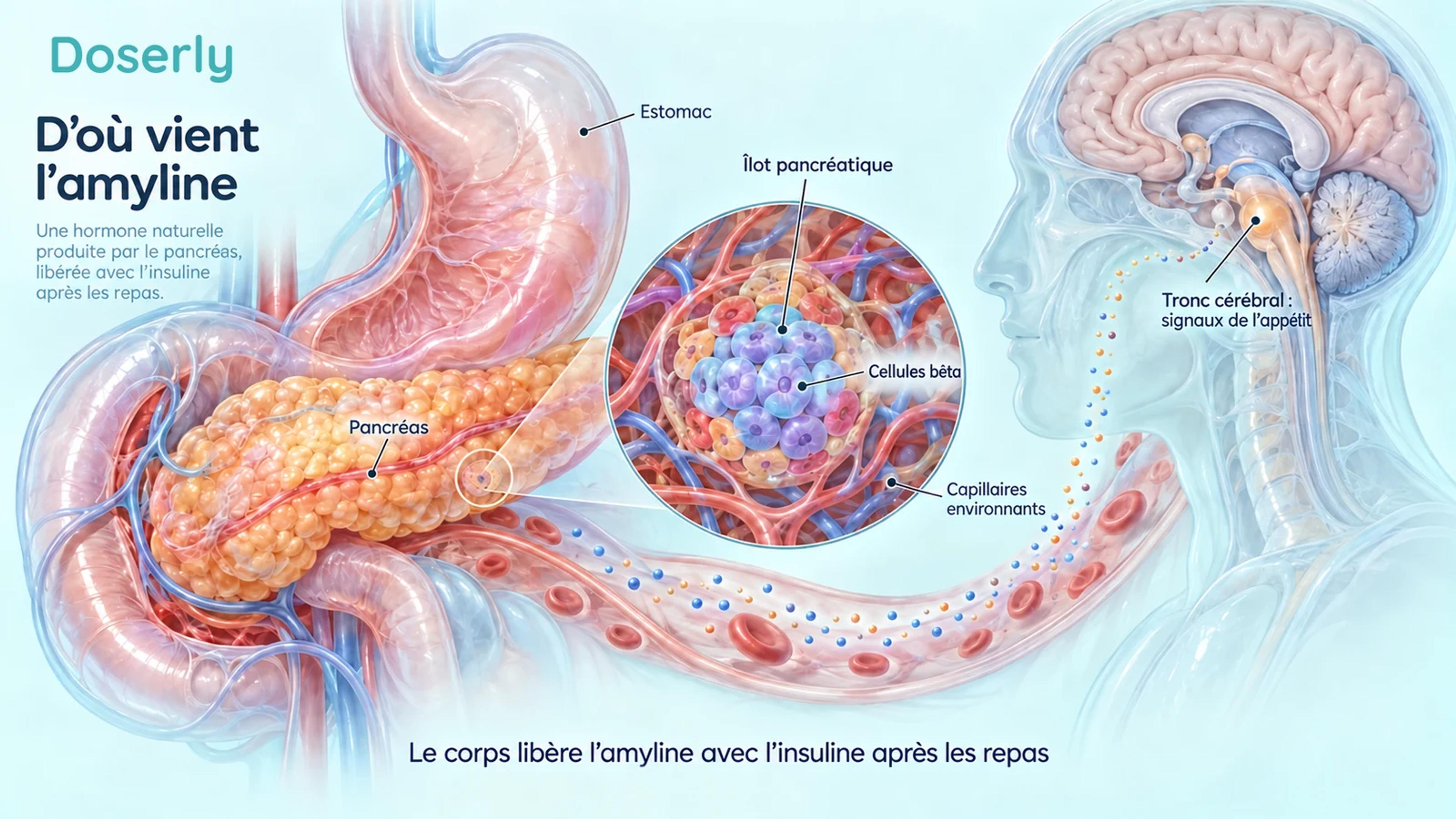 Le pancréas, un îlot pancréatique agrandi et le tronc cérébral illustrent la signalisation de l’amyline naturelle.