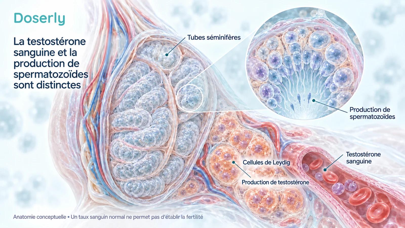 Une coupe anatomique d’un testicule montre des spermatozoïdes en développement dans les tubes séminifères et des cellules de Leydig productrices de testostérone dans le tissu environnant, près d’un vaisseau sanguin.