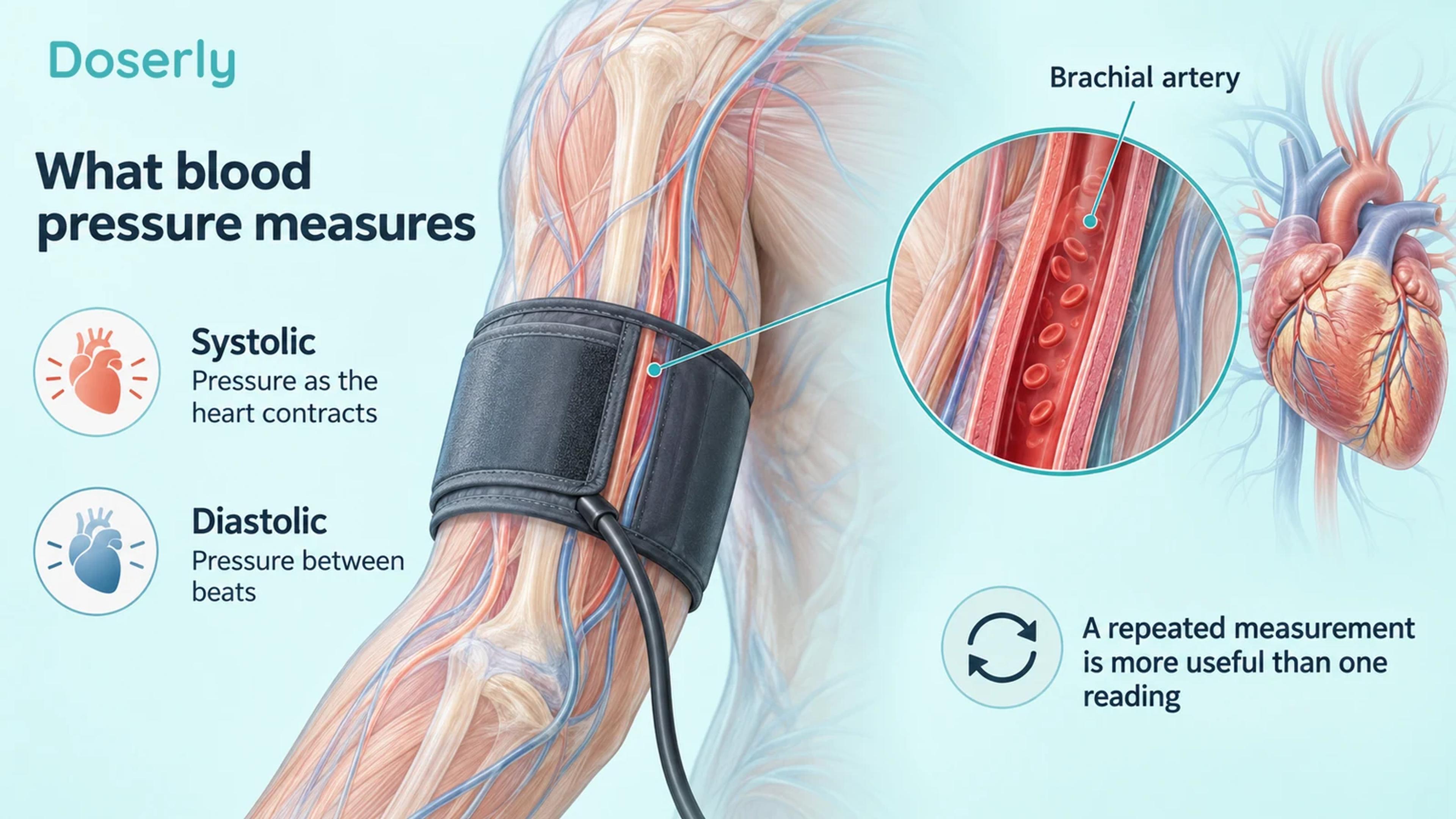 A blood-pressure cuff on an upper arm with a magnified brachial artery and an anatomical heart.
