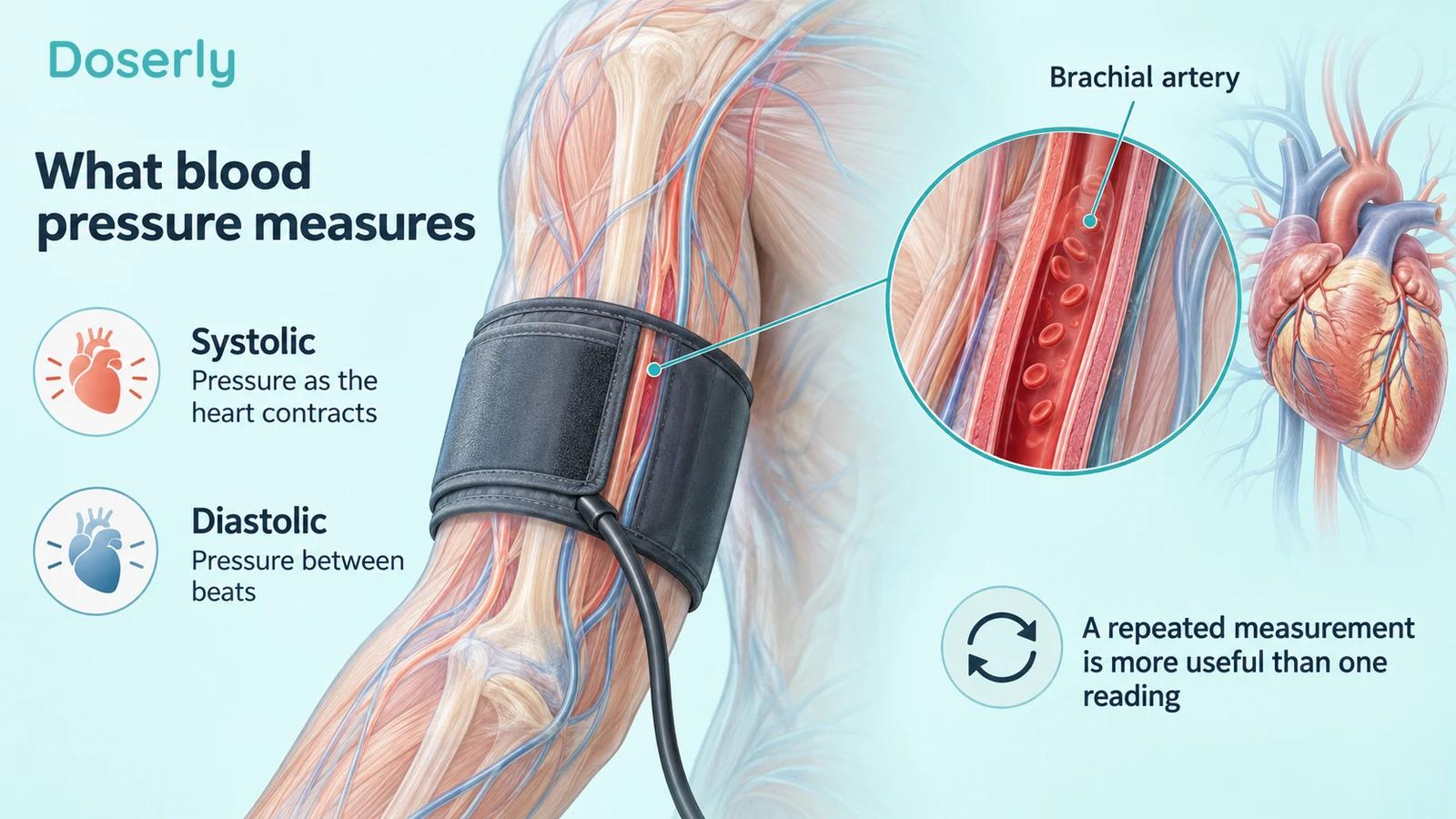 A blood-pressure cuff on an upper arm with a magnified brachial artery and an anatomical heart.