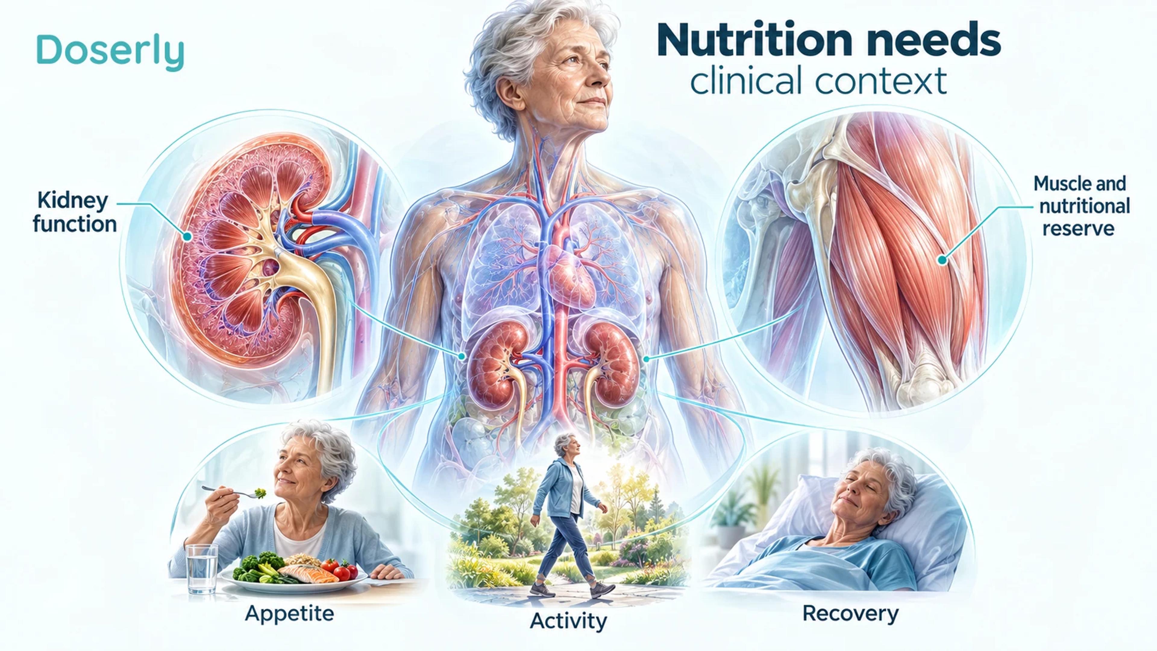 Older-adult anatomy with kidney and muscle views and everyday appetite, activity and recovery scenes