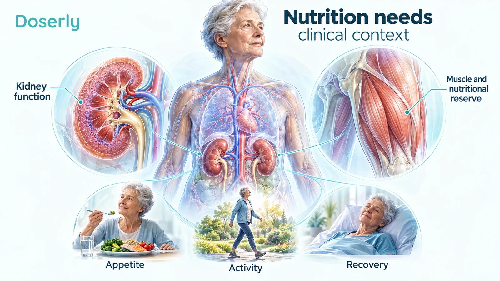 Older-adult anatomy with kidney and muscle views and everyday appetite, activity and recovery scenes
