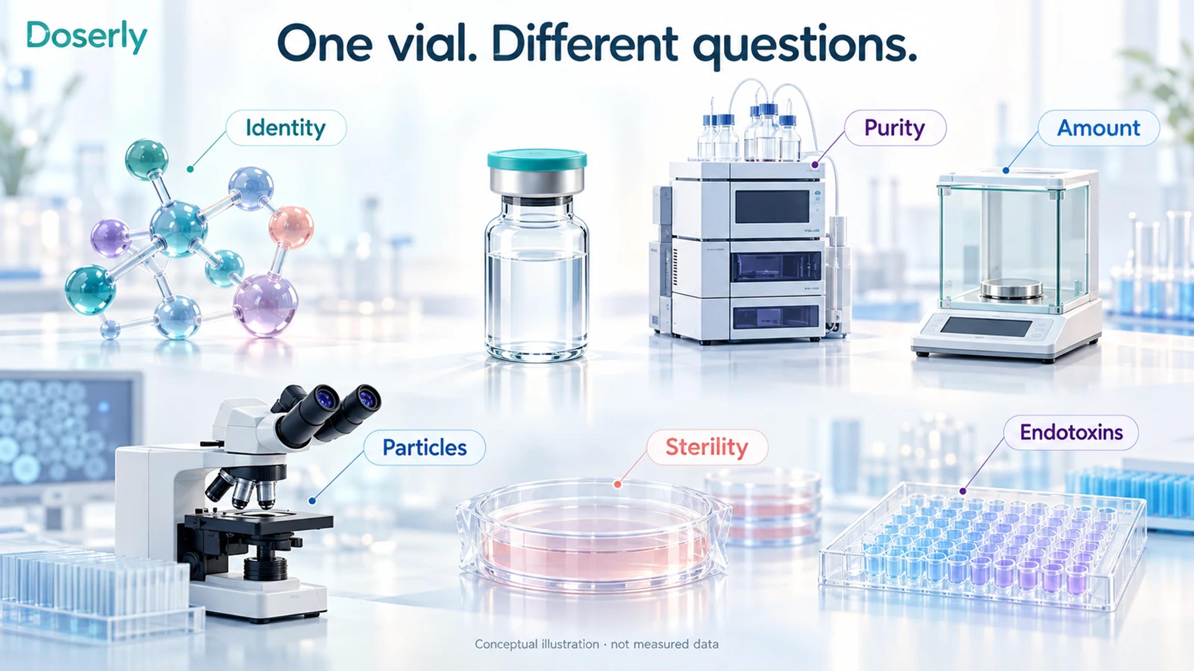 Six analytical questions: identity, purity, amount, particles, sterility and endotoxins.
