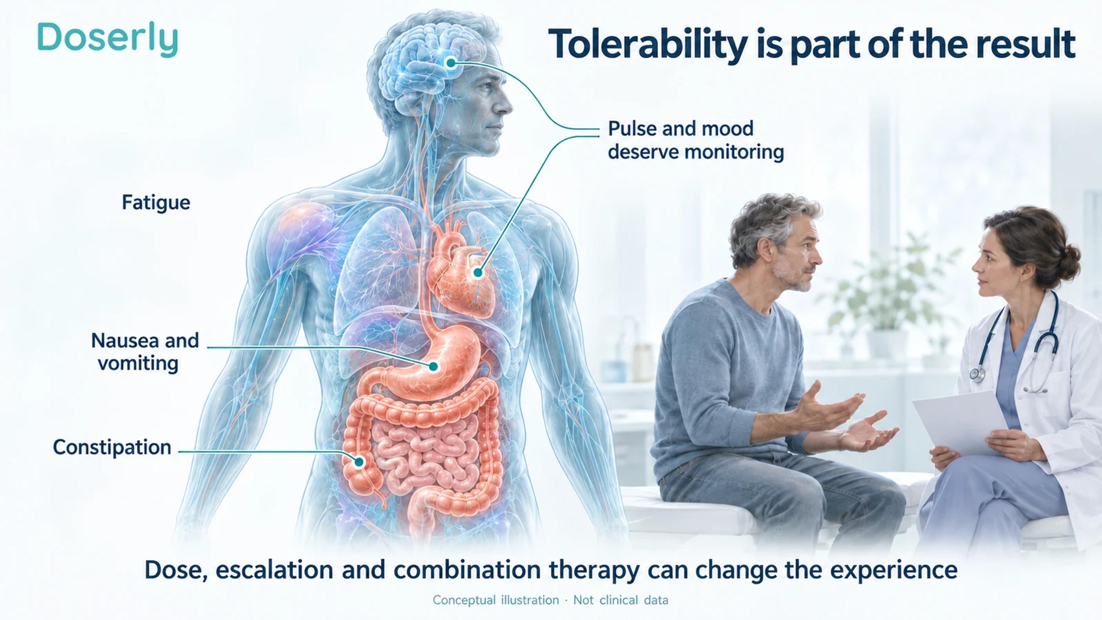 A medical illustration highlights gastrointestinal symptoms, fatigue, pulse and mood monitoring alongside a patient discussing tolerability with a clinician.