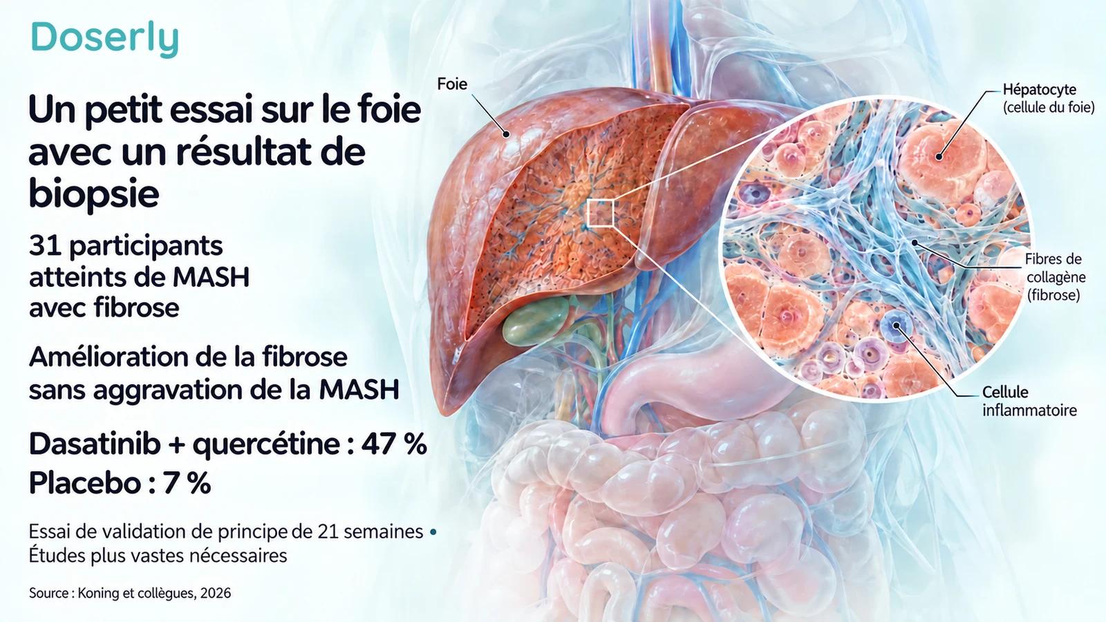 Anatomie du foie et agrandissement conceptuel du tissu à côté des proportions de réponse de la fibrose dans l’essai.