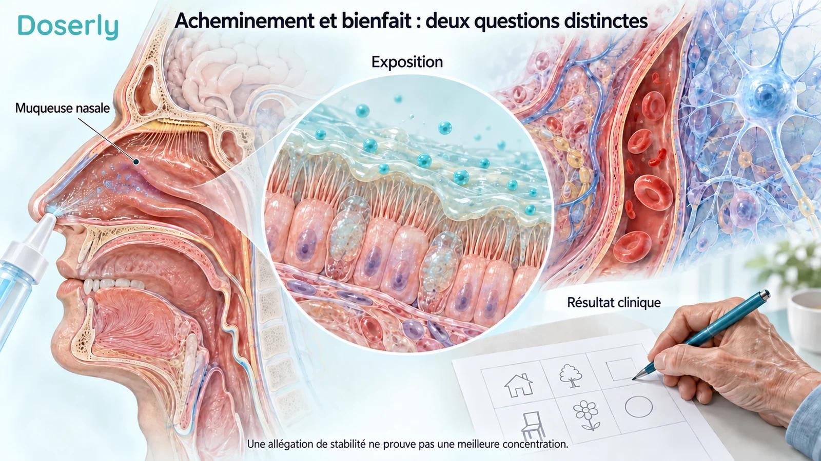 Vue détaillée de la muqueuse nasale, d’un vaisseau sanguin et de tissu neuronal, à côté d’une évaluation distincte des performances.