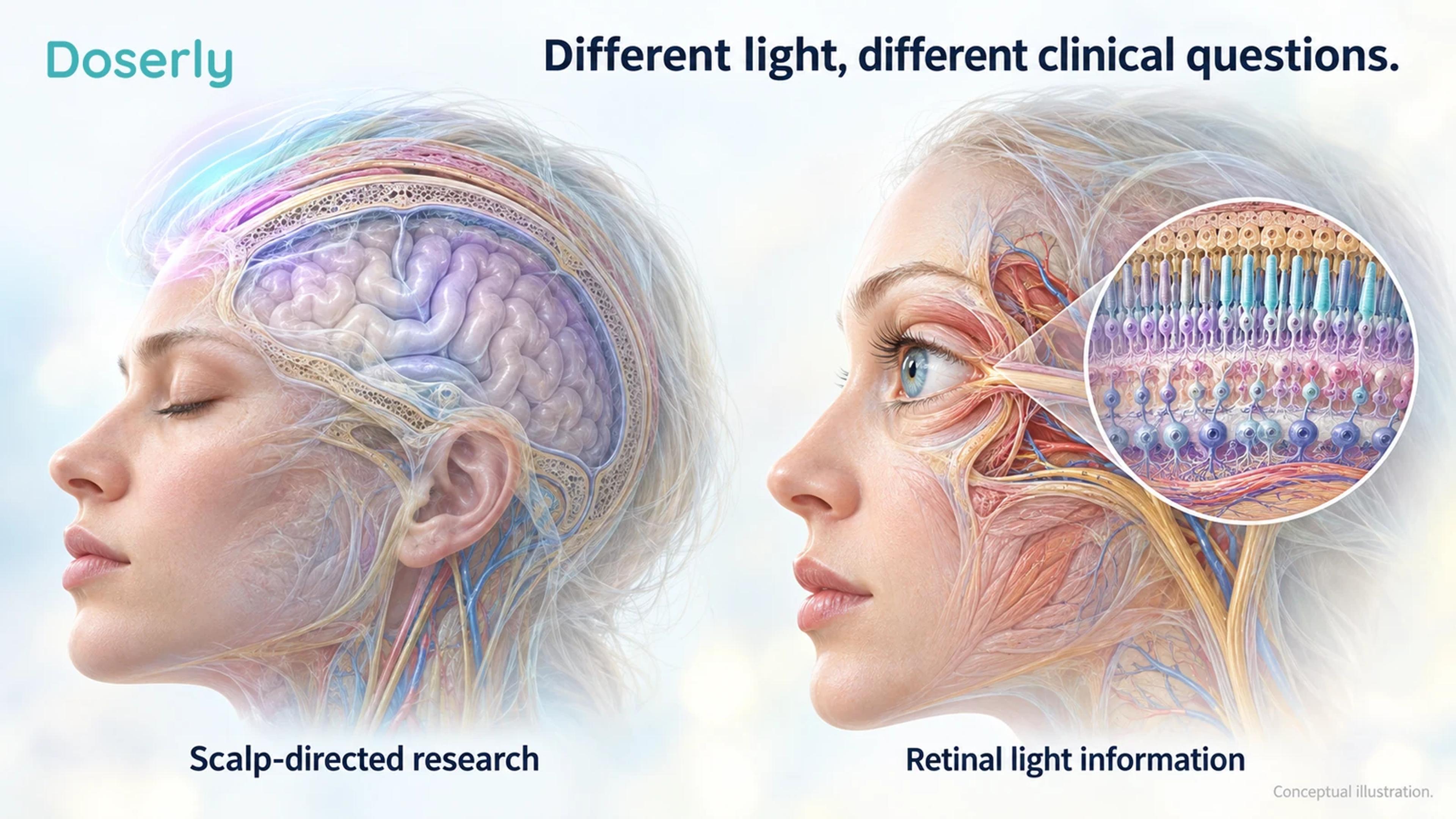 Two anatomical head illustrations distinguish scalp-directed research from ordinary visual light information reaching the retina.