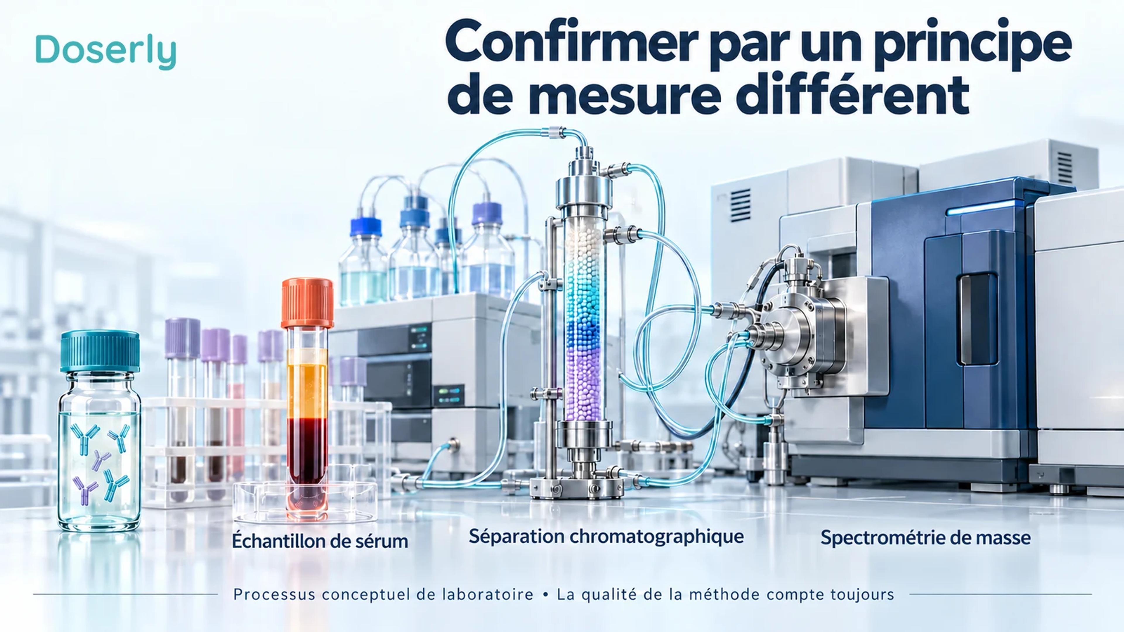 Une colonne de chromatographie et un spectromètre de masse côtoient deux parcours d’échantillons identifiés pour comparer les méthodes de laboratoire.