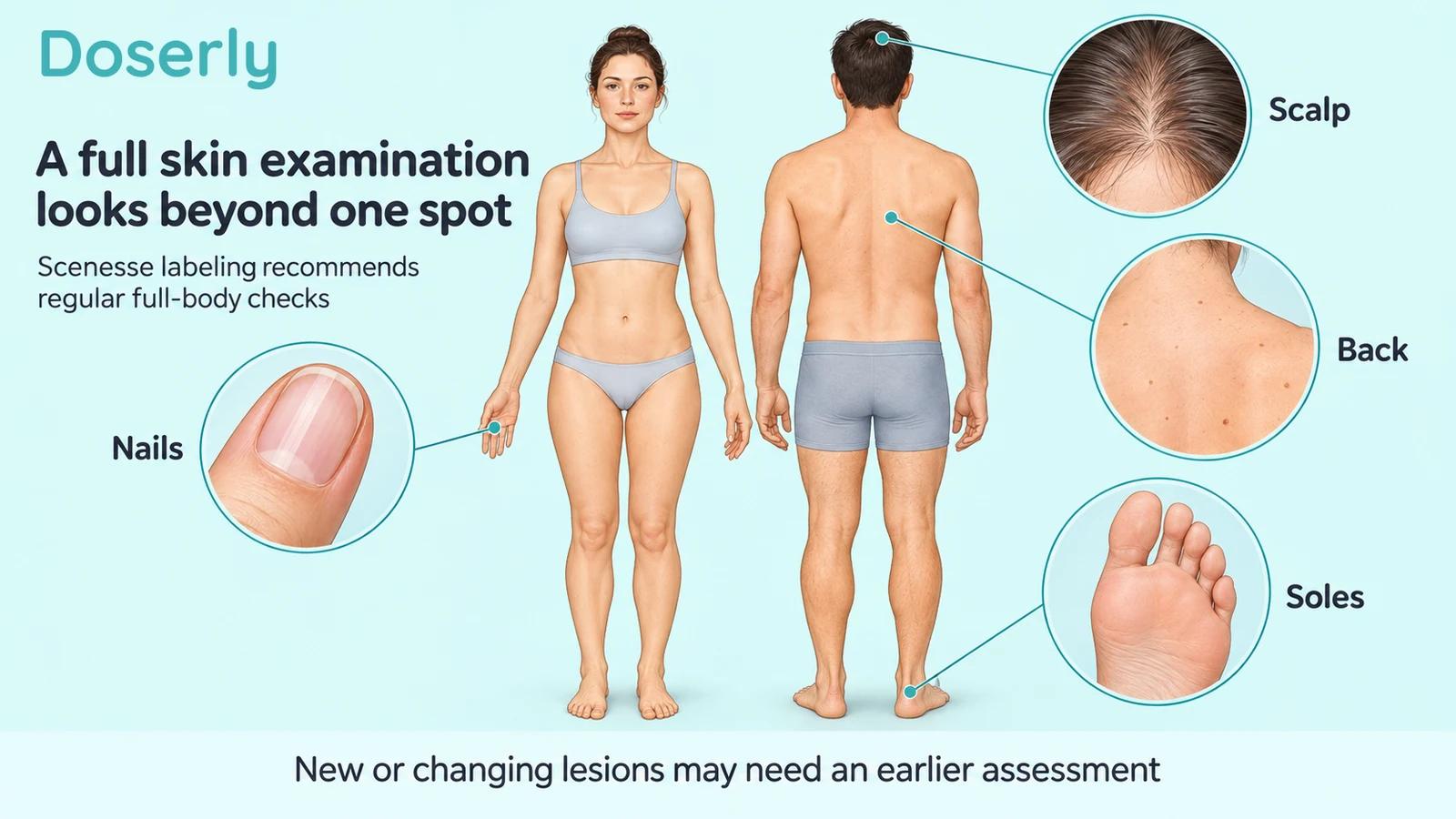 Front and back body illustrations with detailed scalp, sole and nail insets for a full skin examination.