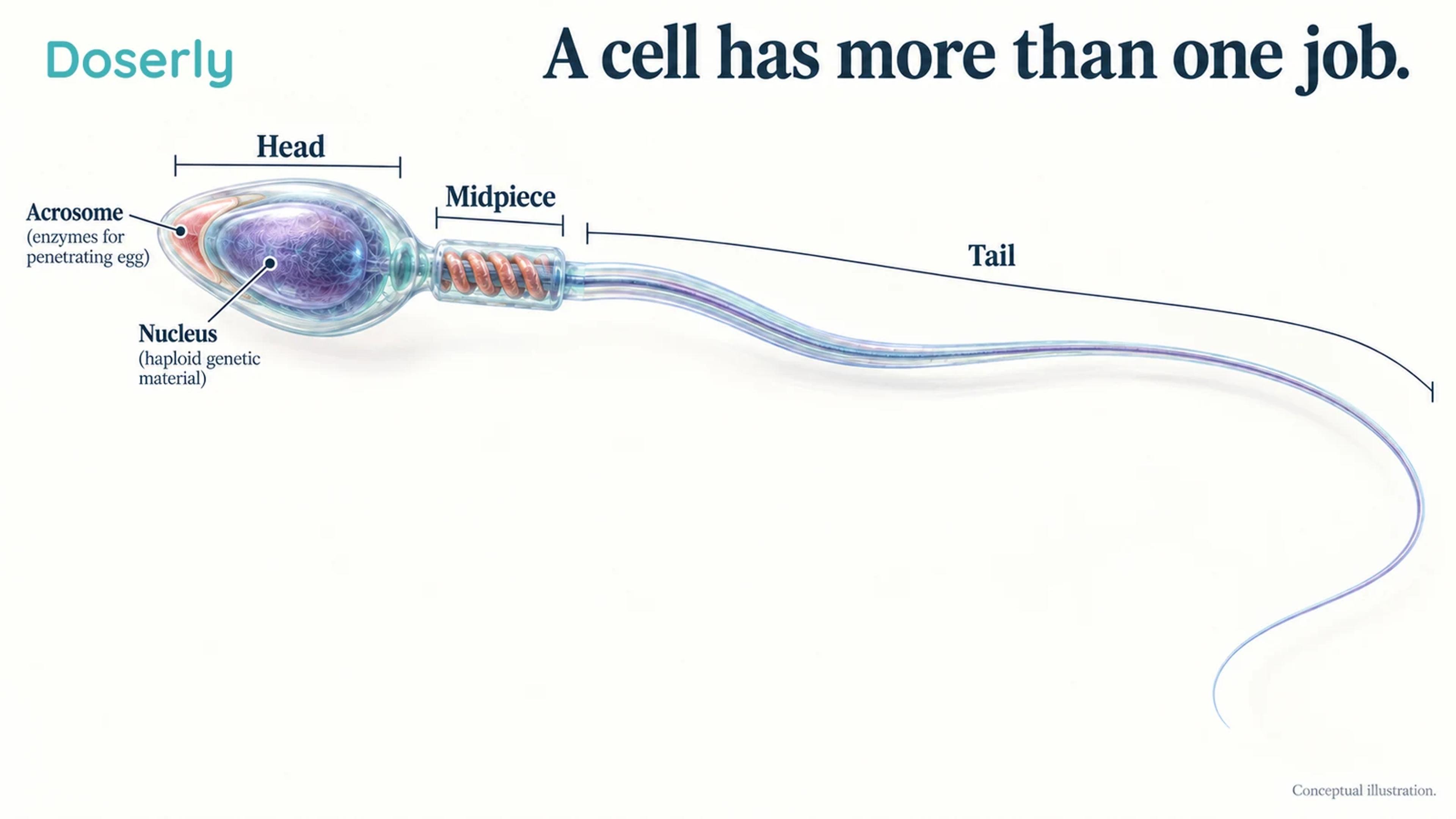 A conceptual human sperm cell shows its head, mitochondrial midpiece and long tail.