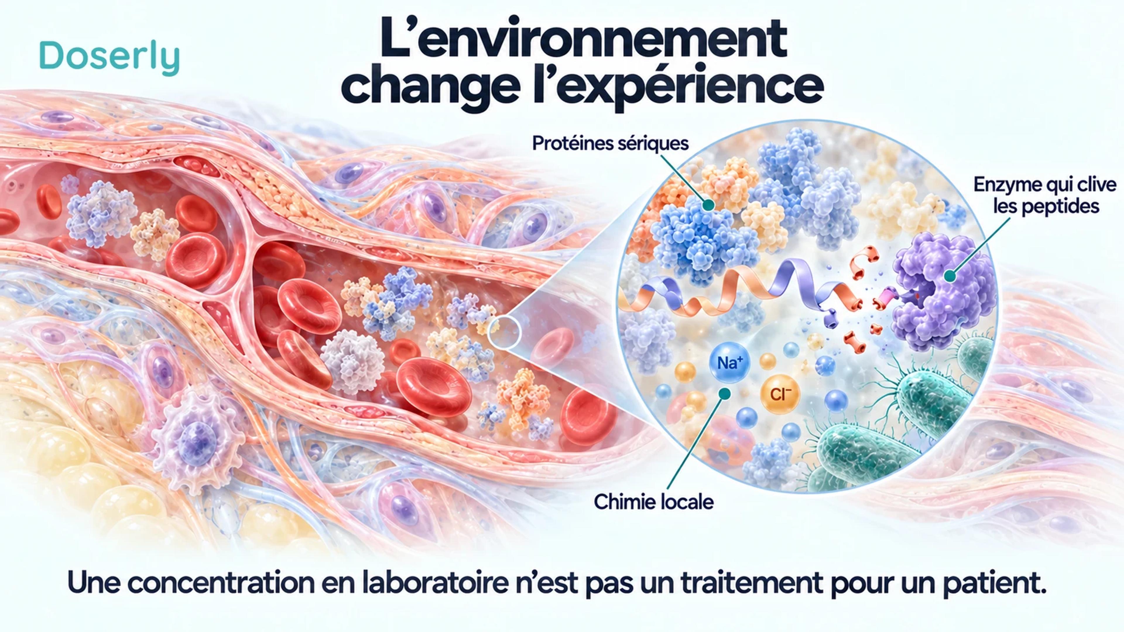 Une illustration détaillée de tissus et d’un vaisseau sanguin montre des protéines sériques, la chimie locale et une enzyme qui clive les peptides autour de molécules de peptide schématiques.
