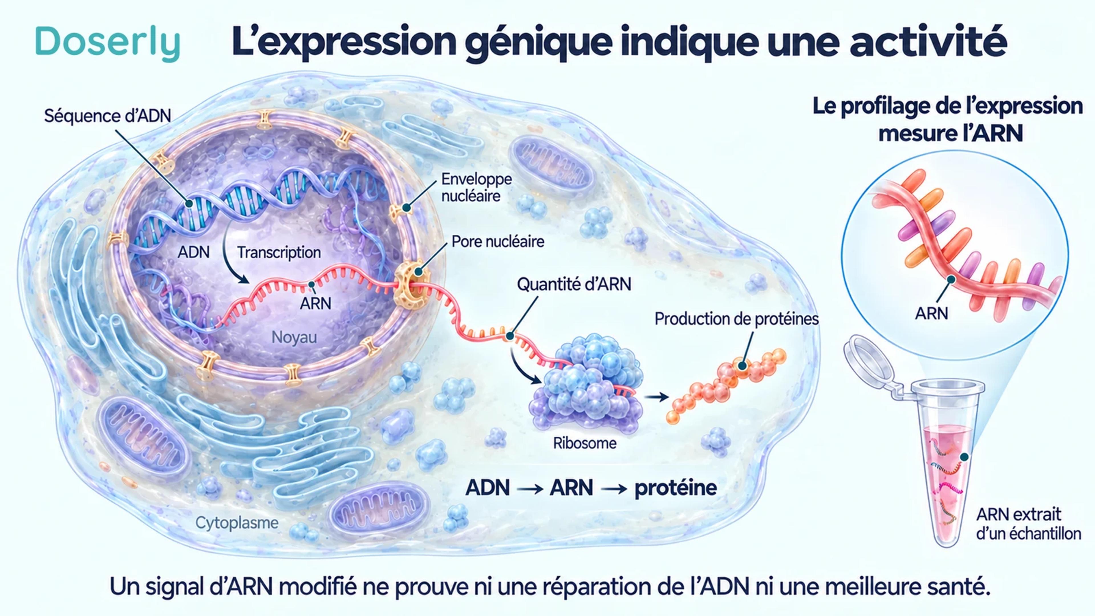 Illustration détaillée d’une cellule distinguant la séquence d’ADN, la quantité d’ARN et la production de protéines