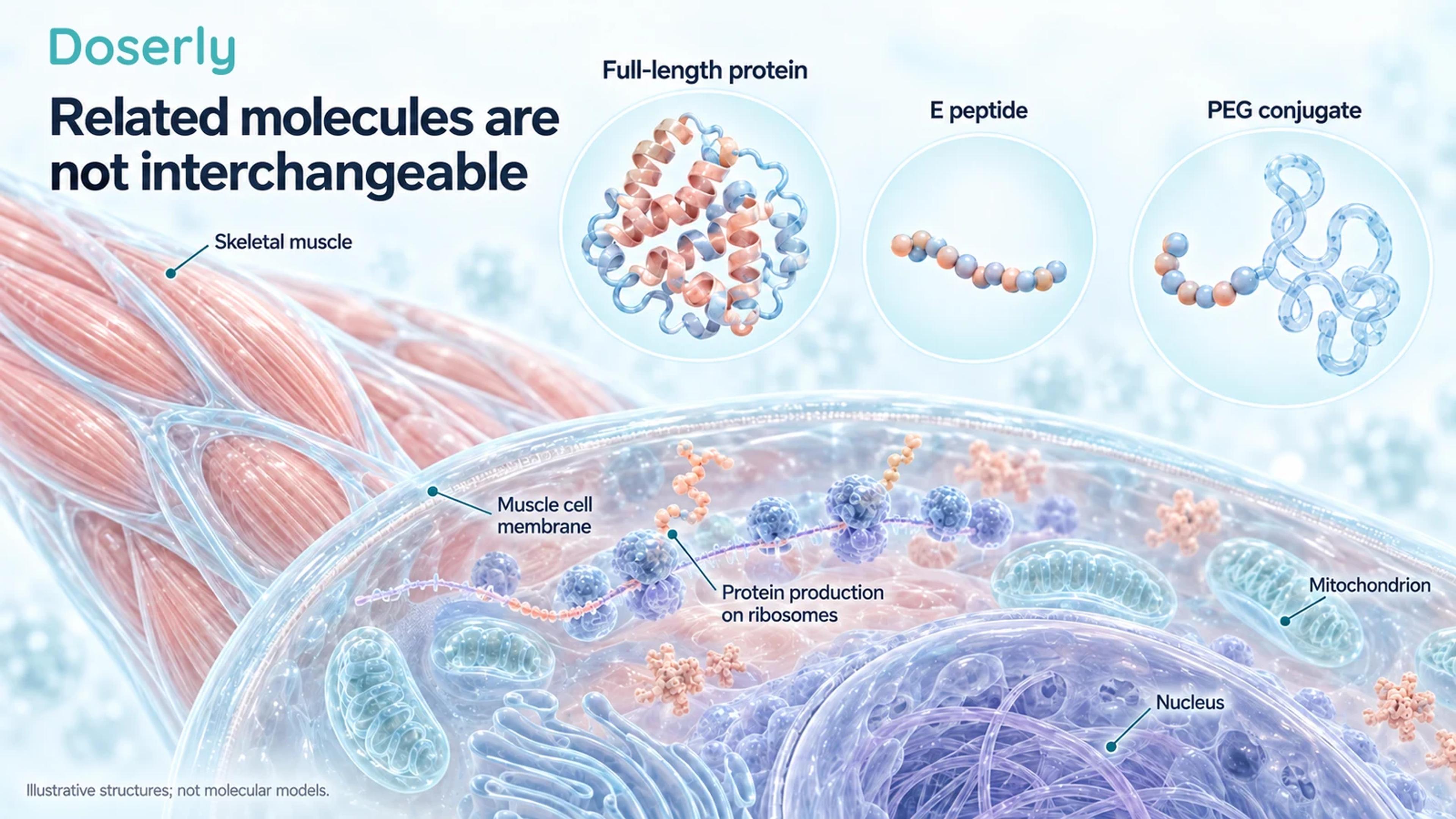 Distinct conceptual full-length protein, short E peptide and PEG-conjugated peptide structures appear above detailed muscle-cell anatomy.