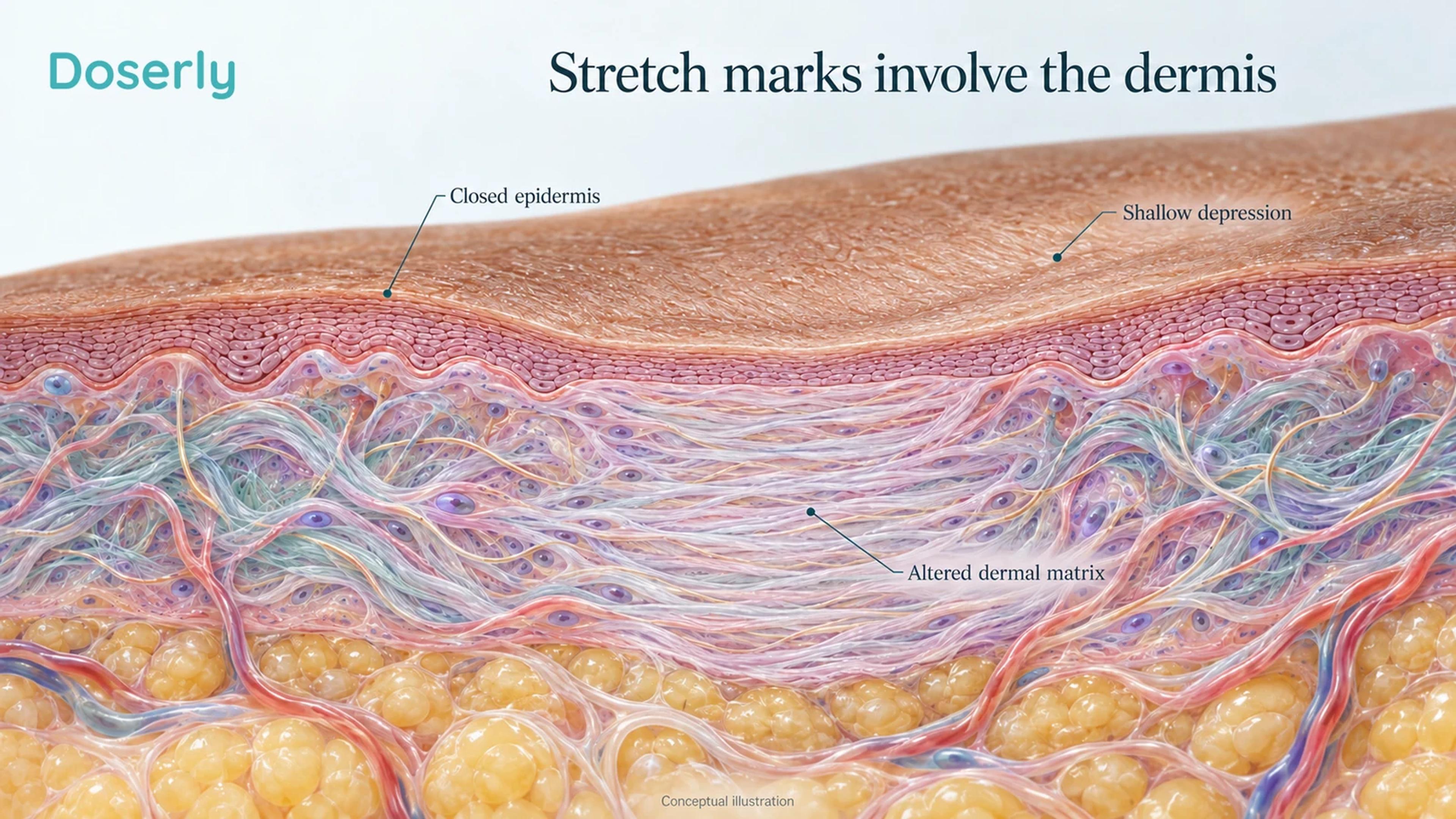 Conceptual skin cutaway showing a shallow mature stretch mark and altered dermal connective tissue beneath its closed surface.