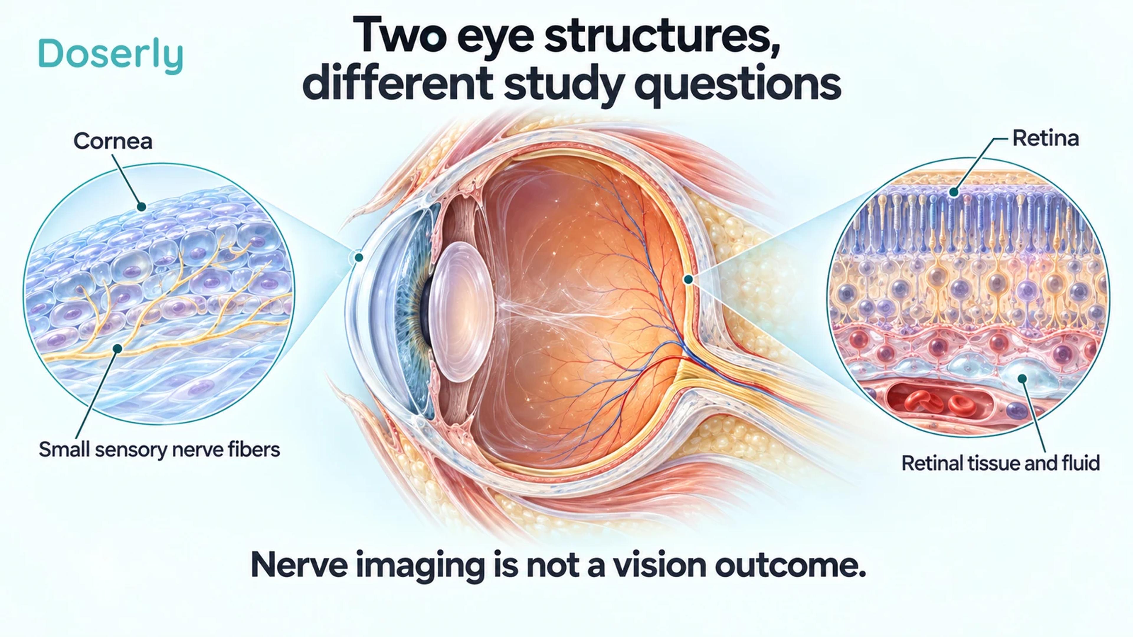 Eye cutaway with separate magnifications of corneal sensory nerves and retinal tissue.