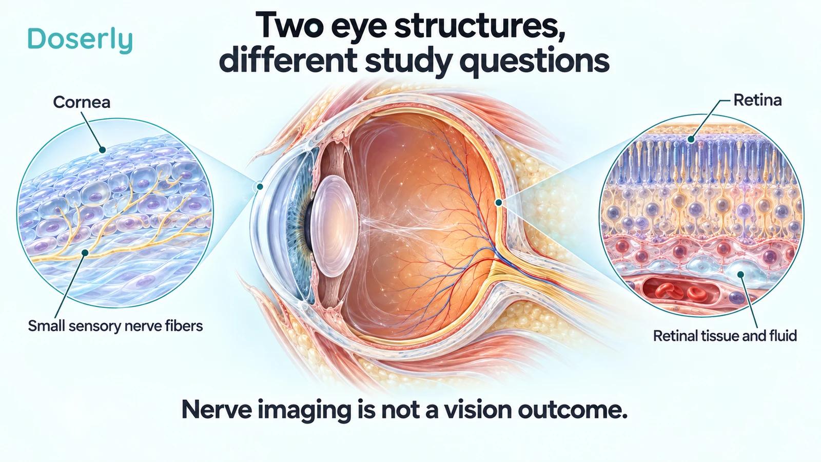 Eye cutaway with separate magnifications of corneal sensory nerves and retinal tissue.