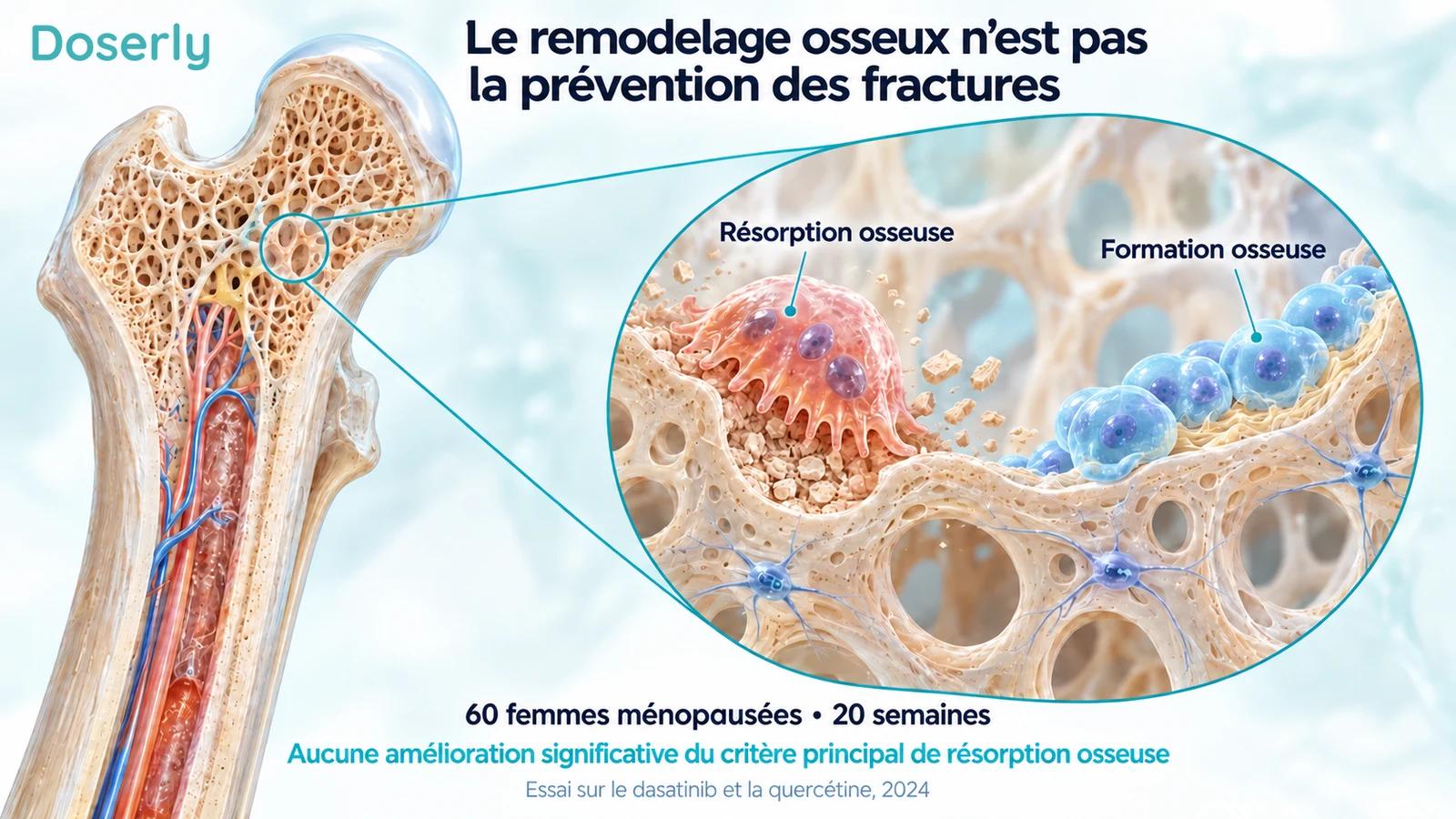 Vue en coupe d’un os long avec un agrandissement des cellules qui résorbent et forment l’os, à côté du résultat principal de l’essai.