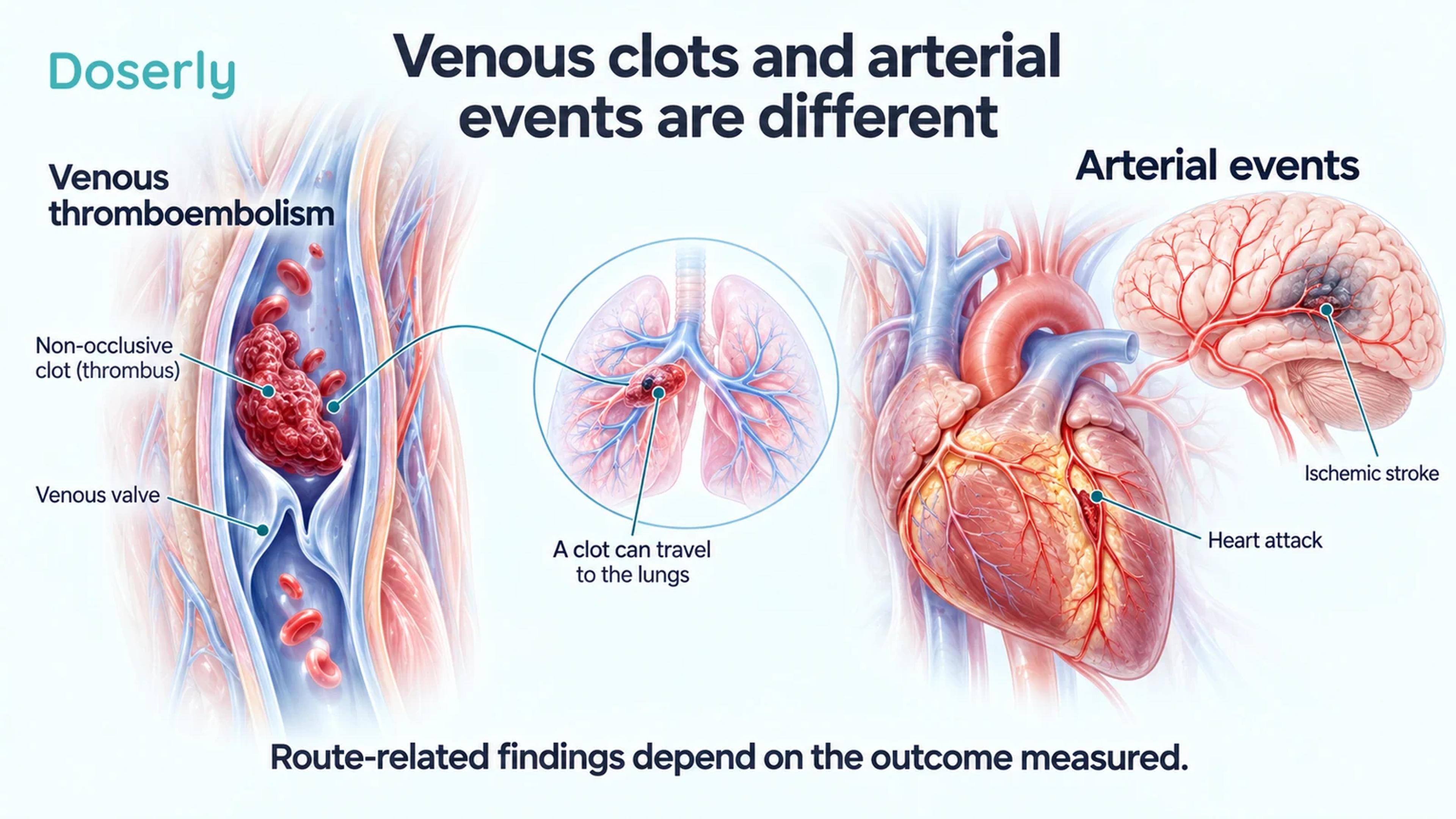 Atlas illustration distinguishing a deep-vein clot and pulmonary embolism from arterial events affecting the heart and brain.