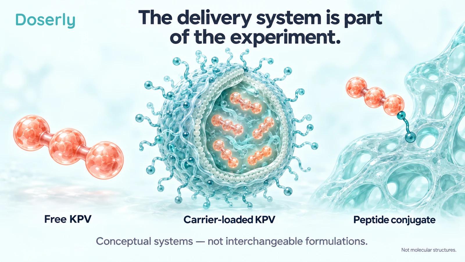 Conceptual illustrations compare free KPV, carrier-loaded peptide and a peptide linked to a scaffold.
