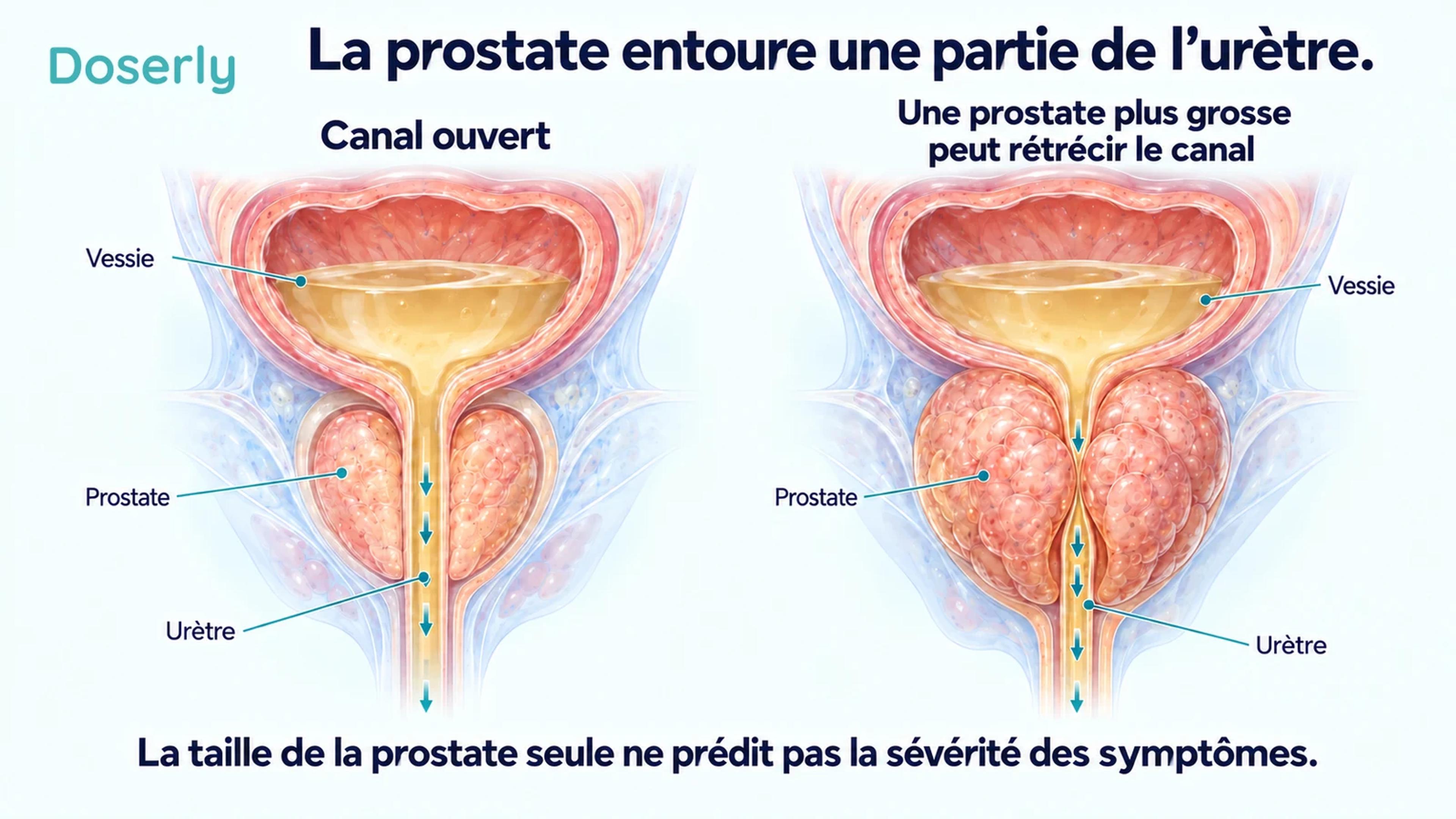 Deux vues en coupe de la vessie et de la prostate montrent un canal urétral ouvert et un canal rétréci par l’augmentation du volume de la prostate.