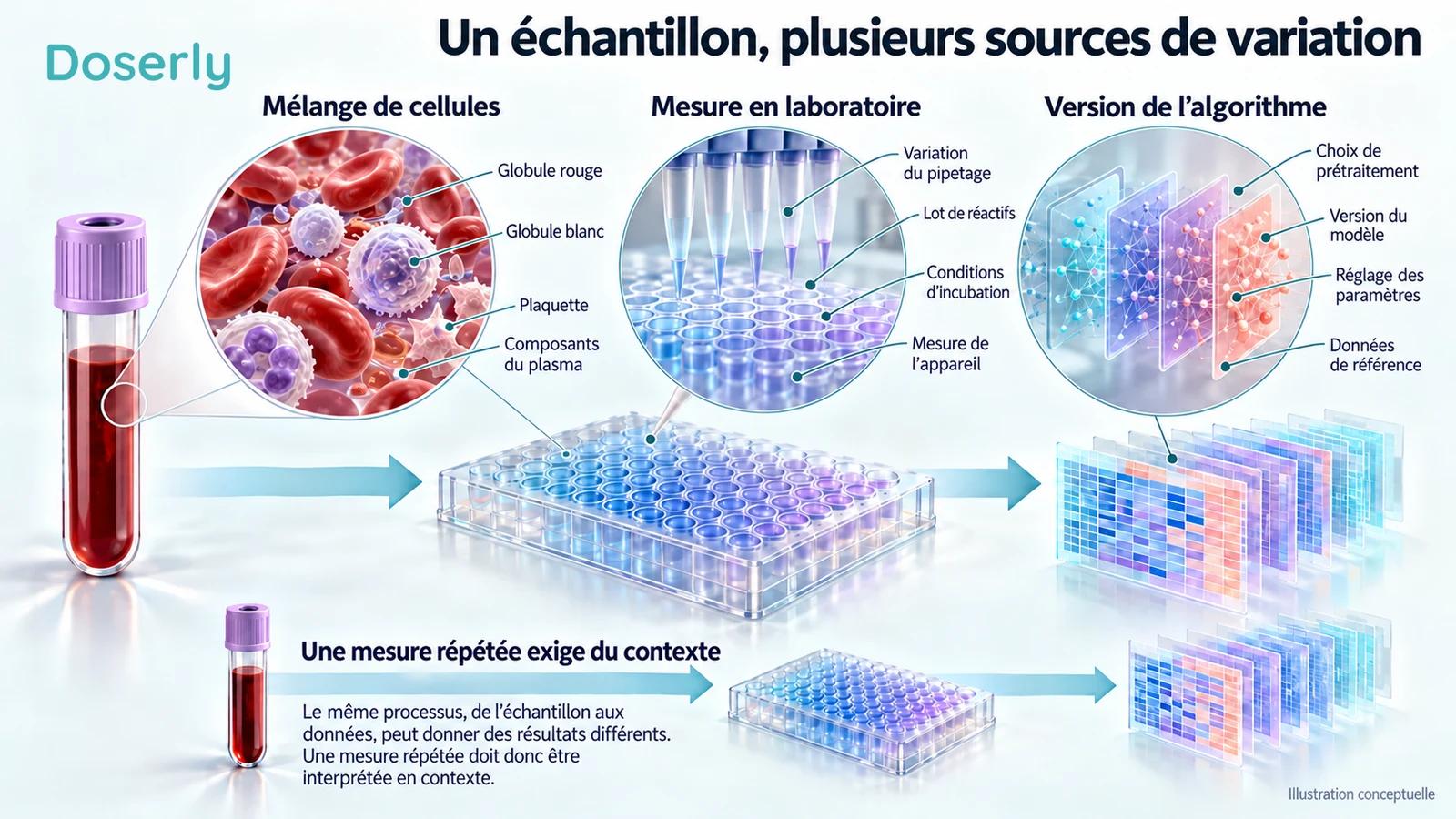 Un échantillon sanguin passe par les étapes du mélange cellulaire, du laboratoire et de l’algorithme, avec un échantillon répété en dessous
