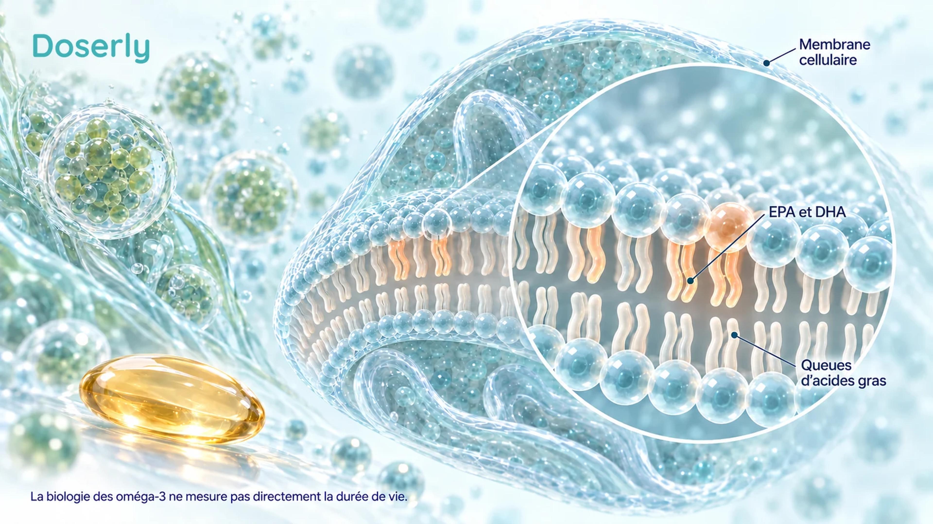 Des microalgues marines, une capsule d’huile et une membrane agrandie illustrent l’EPA et le DHA comme acides gras constitutifs des membranes cellulaires.