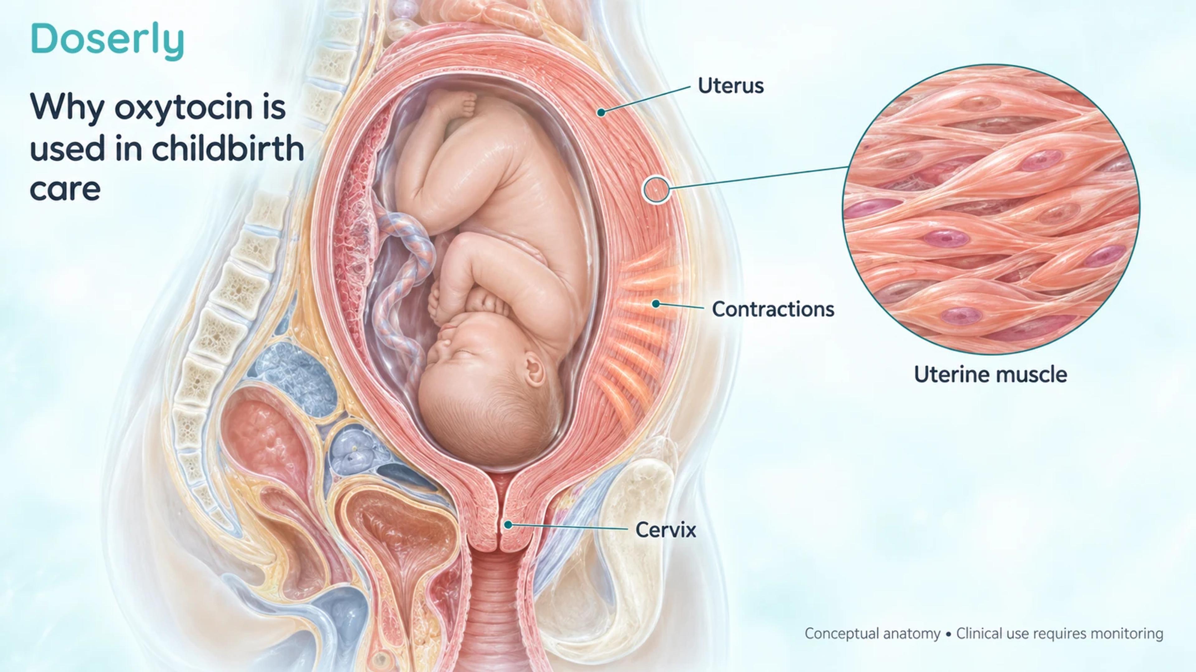Pregnant uterus and cervix with a magnified inset of uterine smooth muscle.