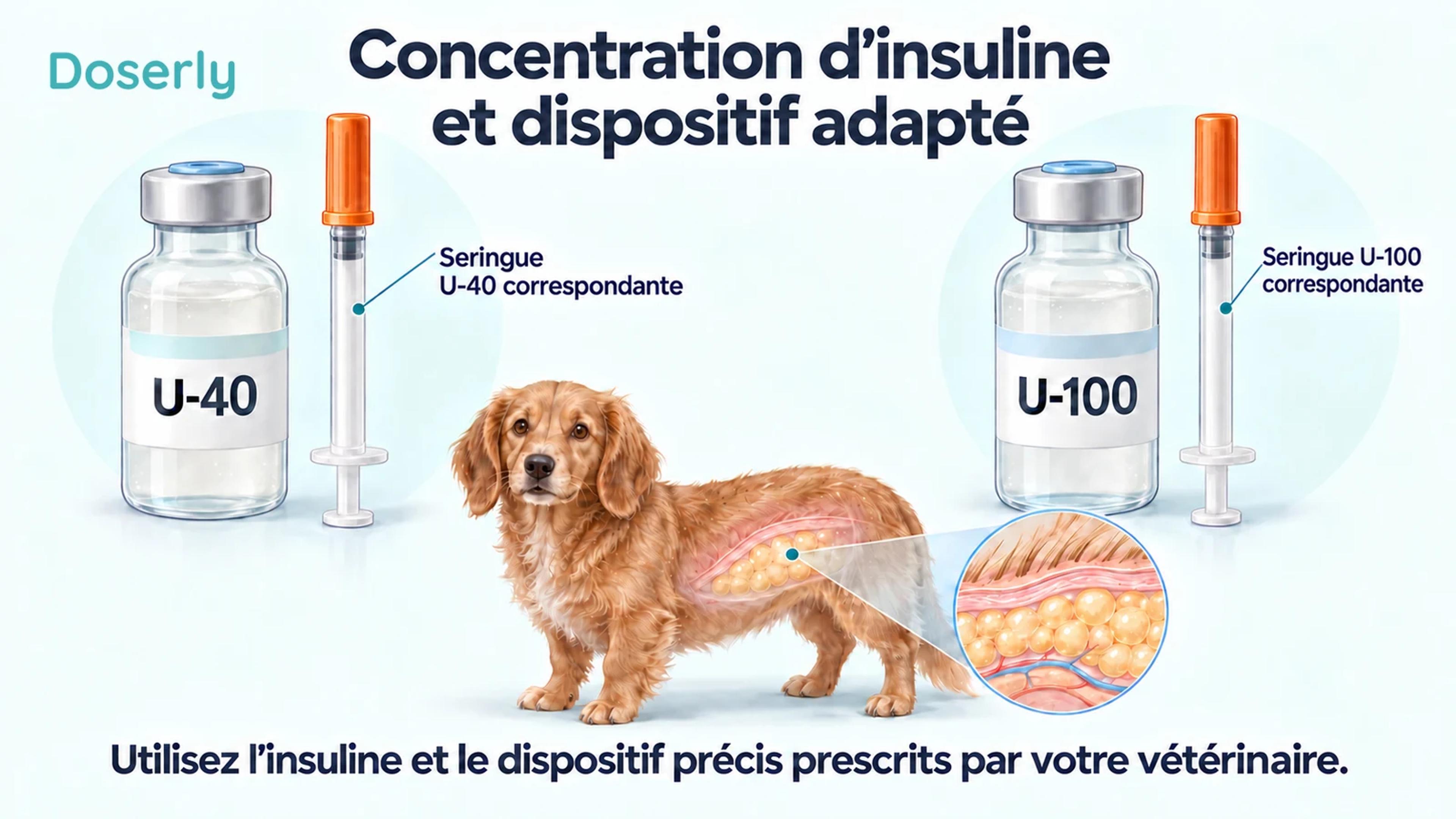 Deux fioles d’insuline clairement séparées, marquées U-40 et U-100, avec leurs seringues correspondantes munies d’un capuchon, près d’un chien et d’un encadré montrant la peau.