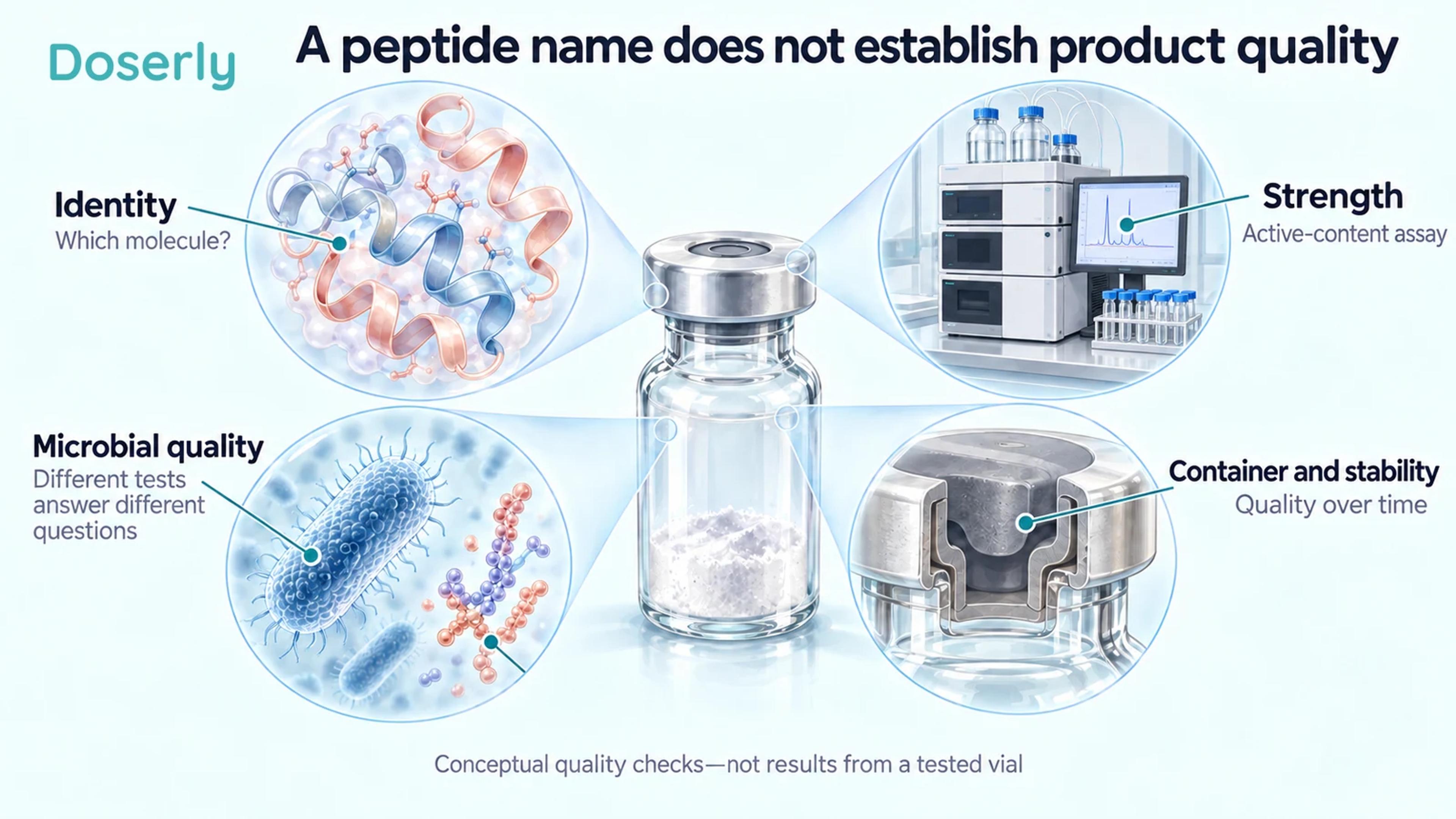 A vial surrounded by illustrated examples of molecule identity, amount, microbial quality and container integrity.