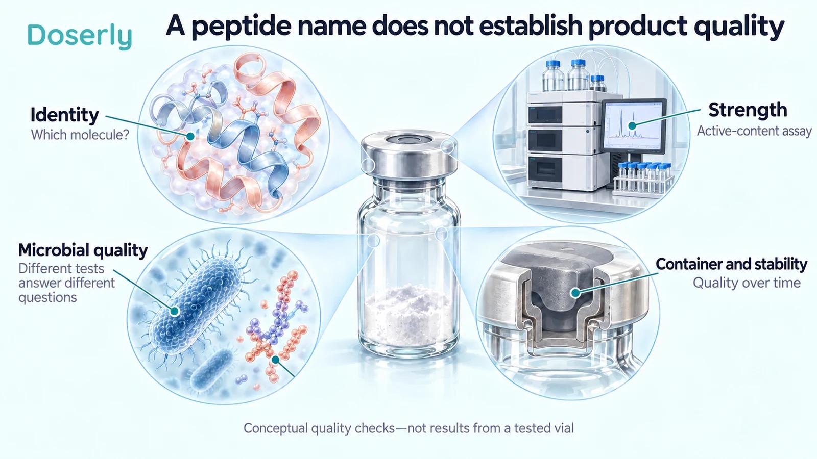 A vial surrounded by illustrated examples of molecule identity, amount, microbial quality and container integrity.