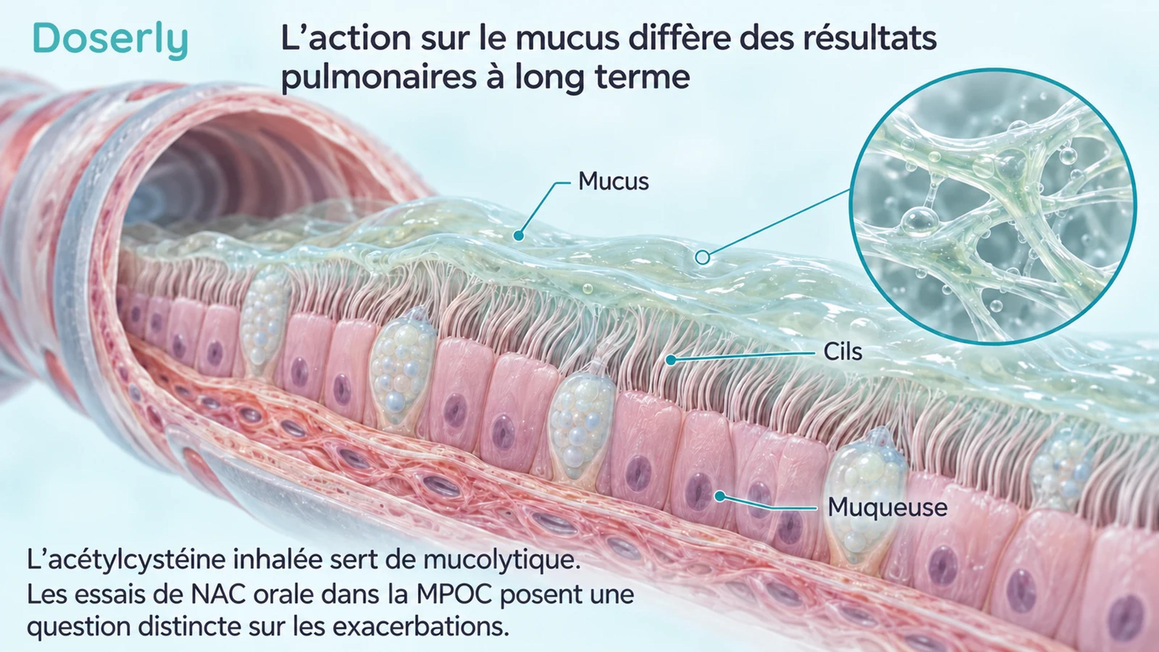 Une vue en coupe d’une bronche montre le mucus, les cils et la muqueuse pour expliquer la distinction entre l’action mucolytique et les résultats pulmonaires à long terme.