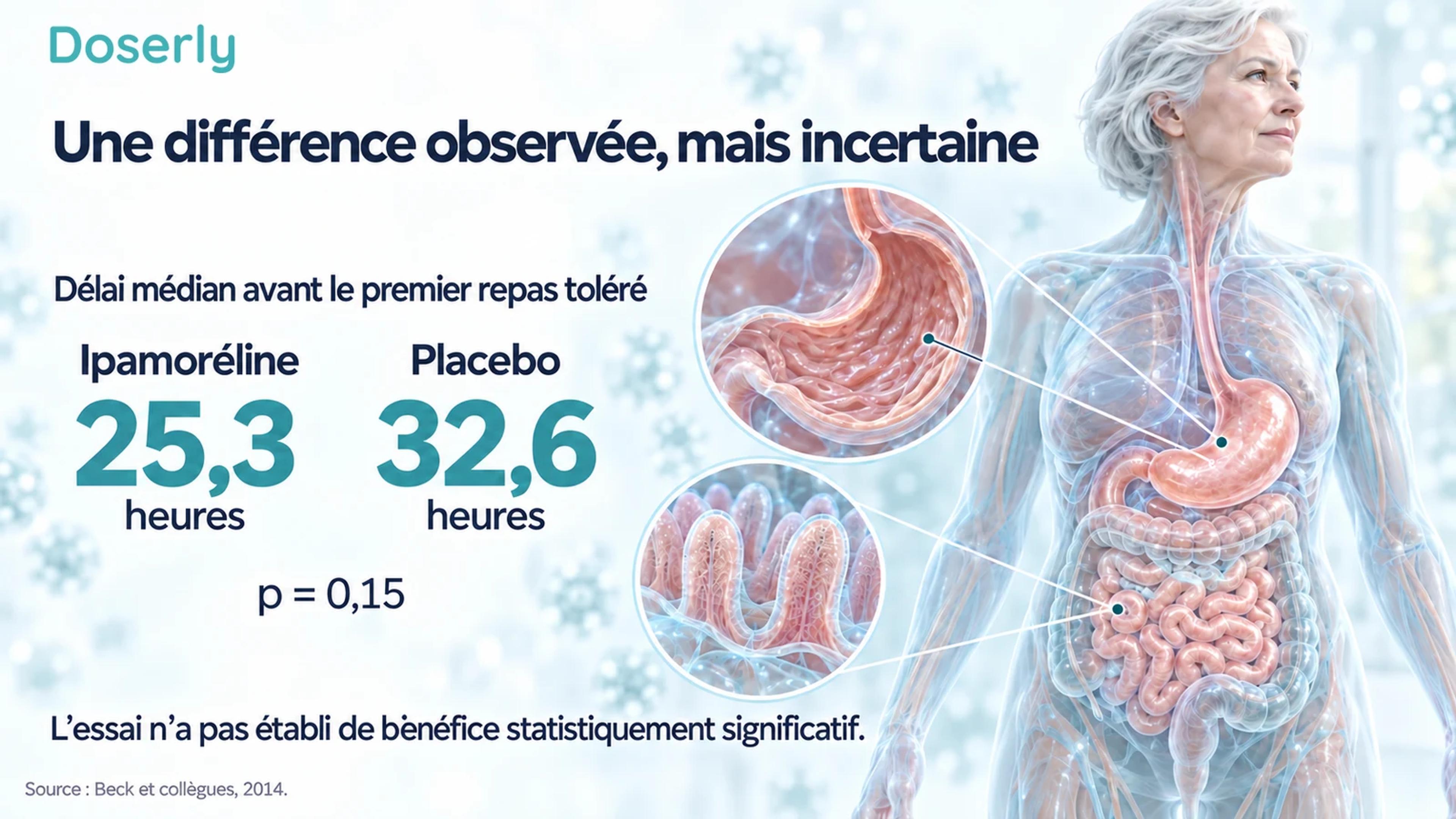 Illustration des délais médians avant de tolérer un repas : 25,3 heures avec l’ipamoréline et 32,6 heures avec le placebo, avec p égal à 0,15.