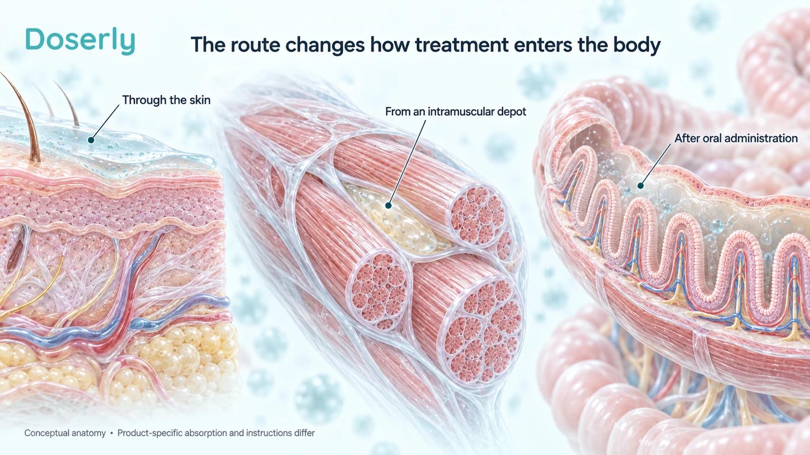 Detailed skin, intramuscular oil-depot and intestinal illustrations show distinct entry routes without ranking safety or depicting a dose.