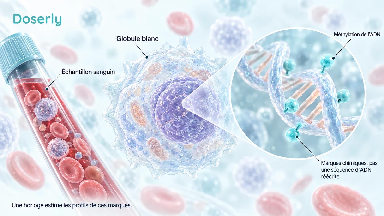 Un échantillon sanguin, un globule blanc et une vue agrandie de l’ADN illustrent les marques de méthylation utilisées par les horloges épigénétiques.