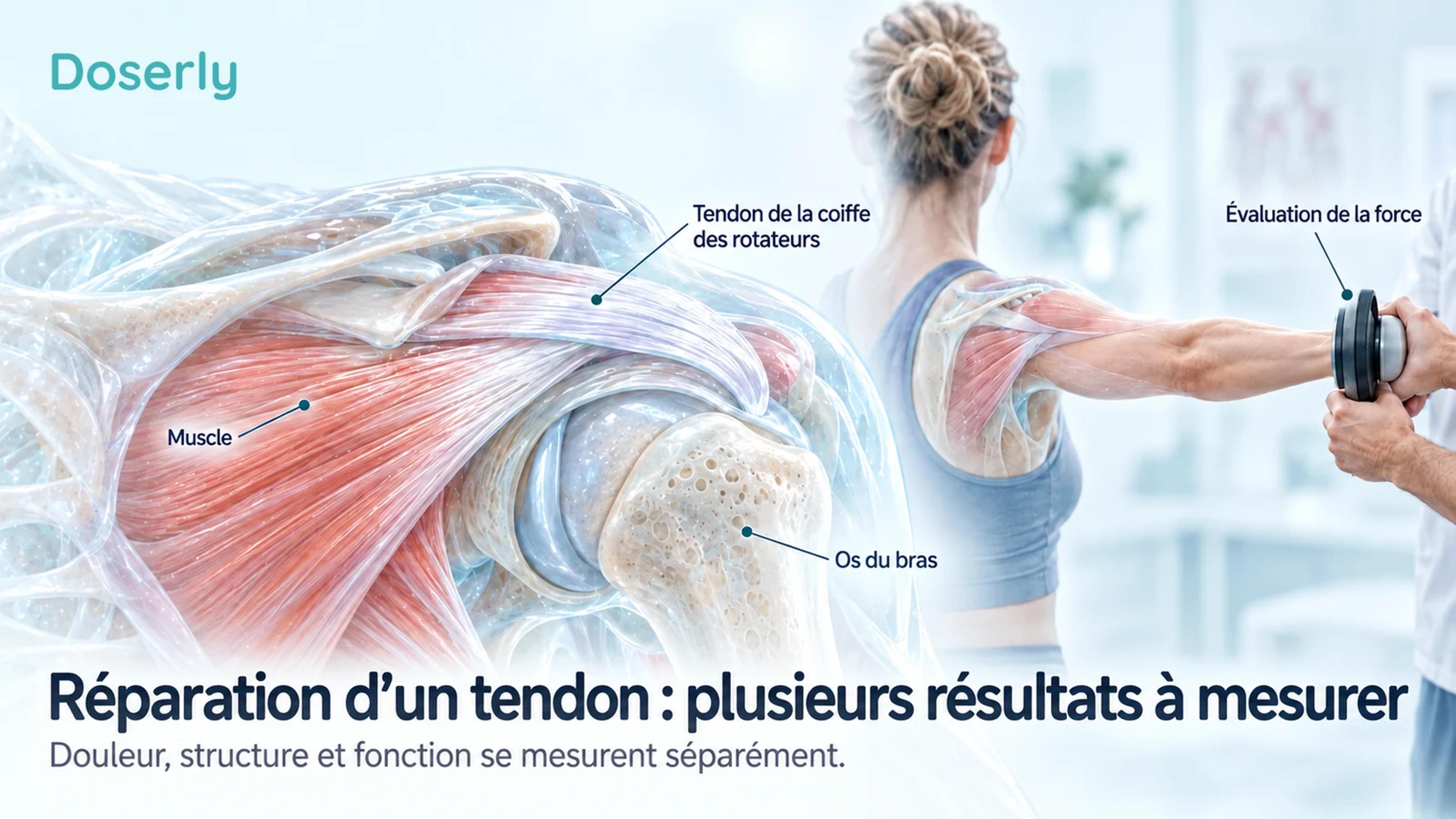 Coupe de l’épaule identifiant un tendon de la coiffe des rotateurs et l’os du bras, à côté d’une représentation conceptuelle d’une évaluation de la force.