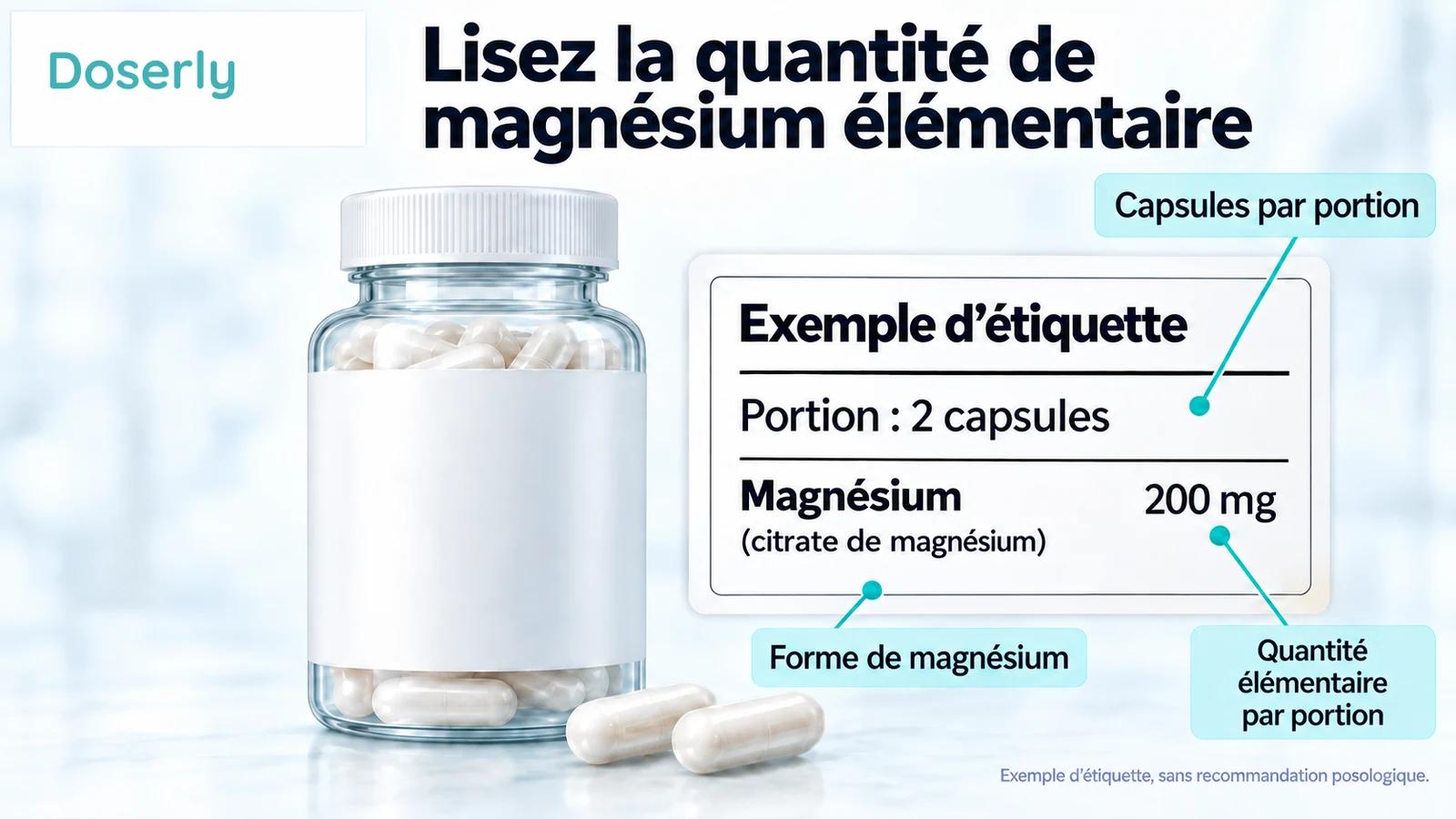 Une étiquette illustrative de supplément indique deux capsules par portion, 200 mg de magnésium élémentaire par portion et le citrate comme forme de magnésium.
