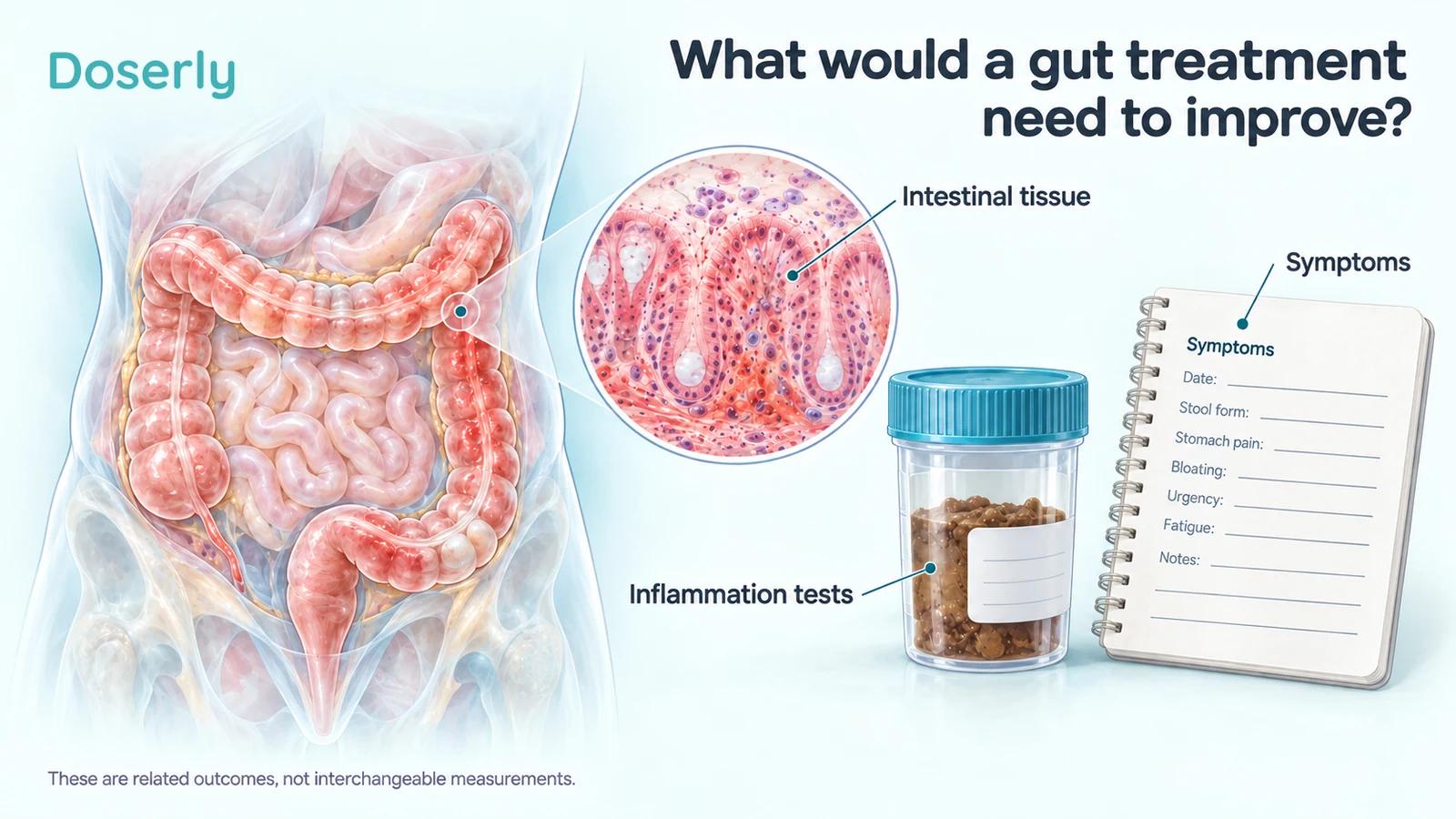 Human colon and magnified mucosal tissue beside a specimen container and symptom diary illustrate different ways to assess gut disease.