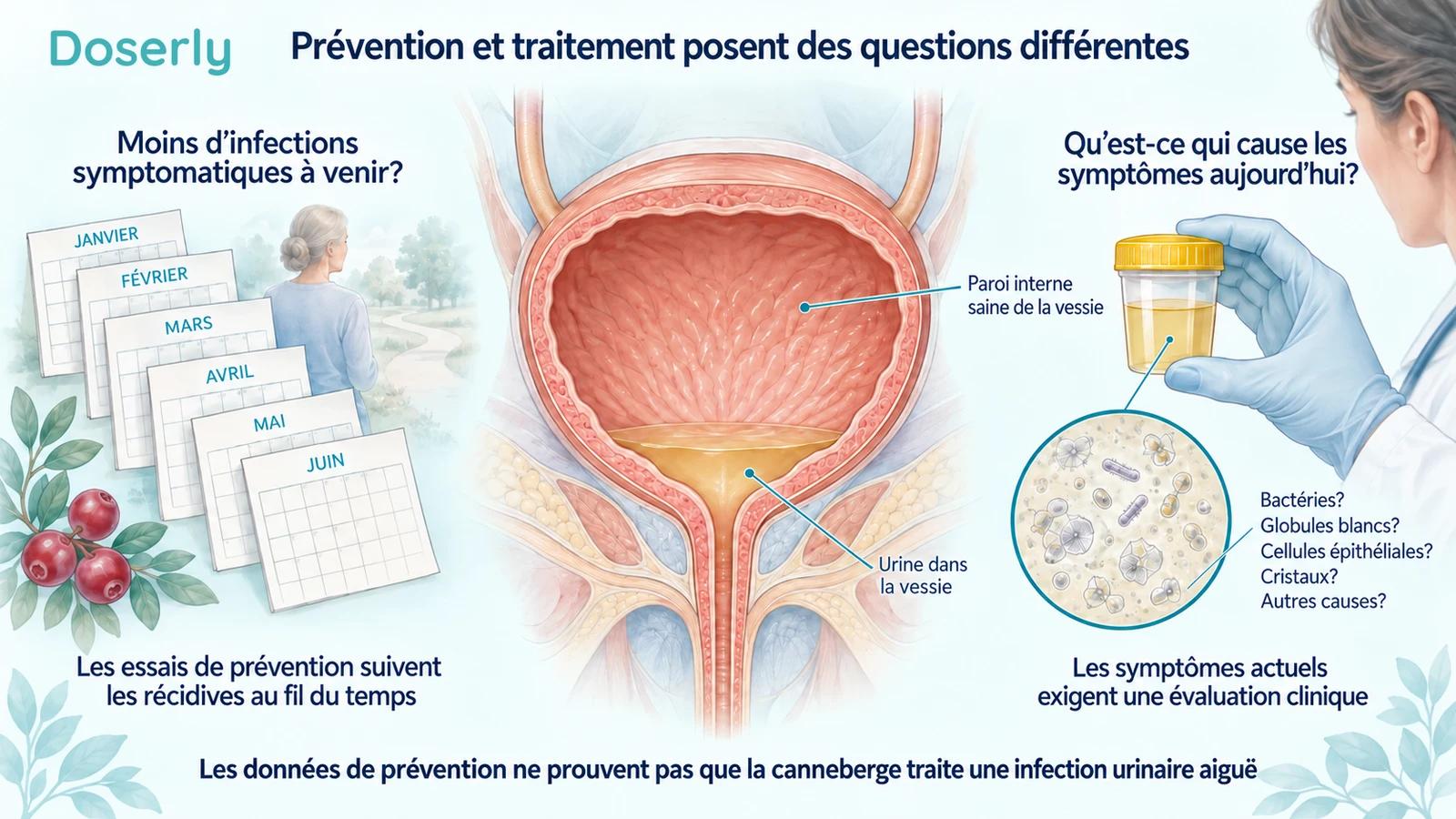 Anatomie de la vessie, calendrier représentant le suivi des récidives et illustration de l’analyse d’un échantillon d’urine.