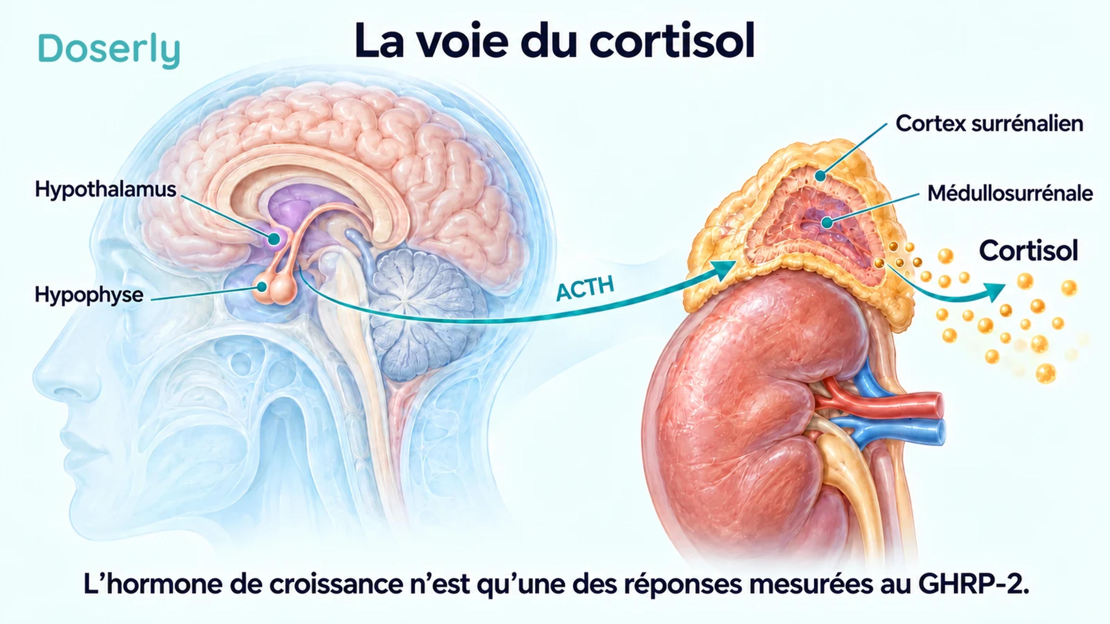 L’anatomie du cerveau, de l’hypophyse et des surrénales illustre la voie qui participe à la sécrétion du cortisol.