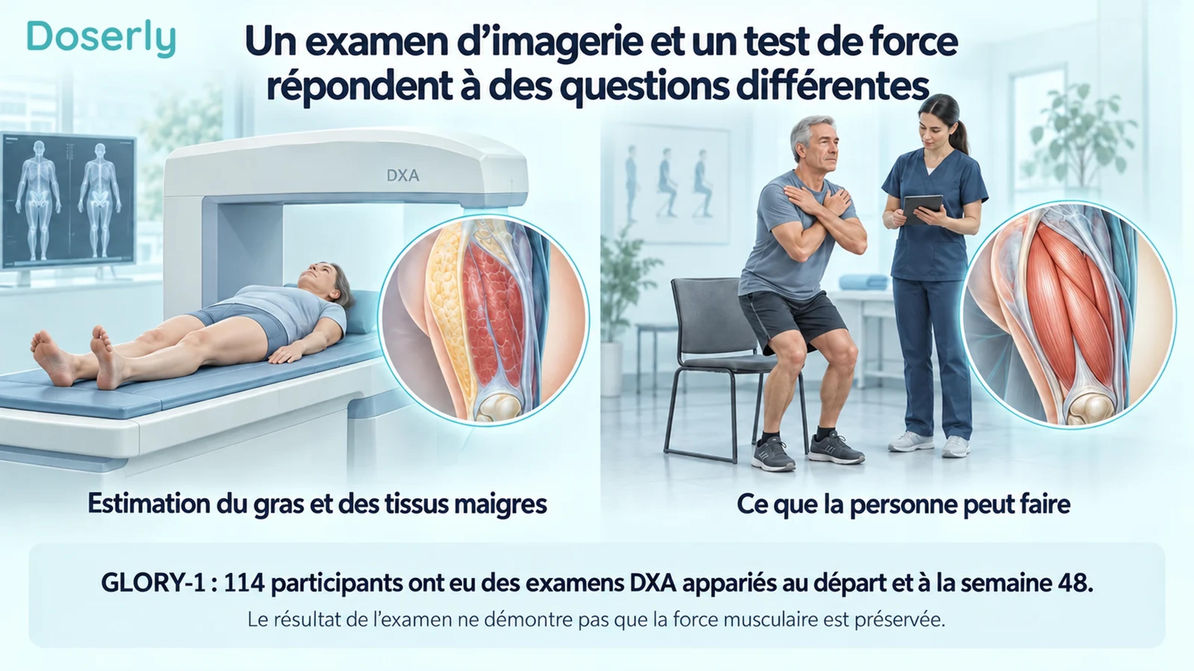Un examen DXA et une évaluation supervisée du lever de chaise, présentés séparément, illustrent la distinction entre la mesure des tissus et la performance physique.