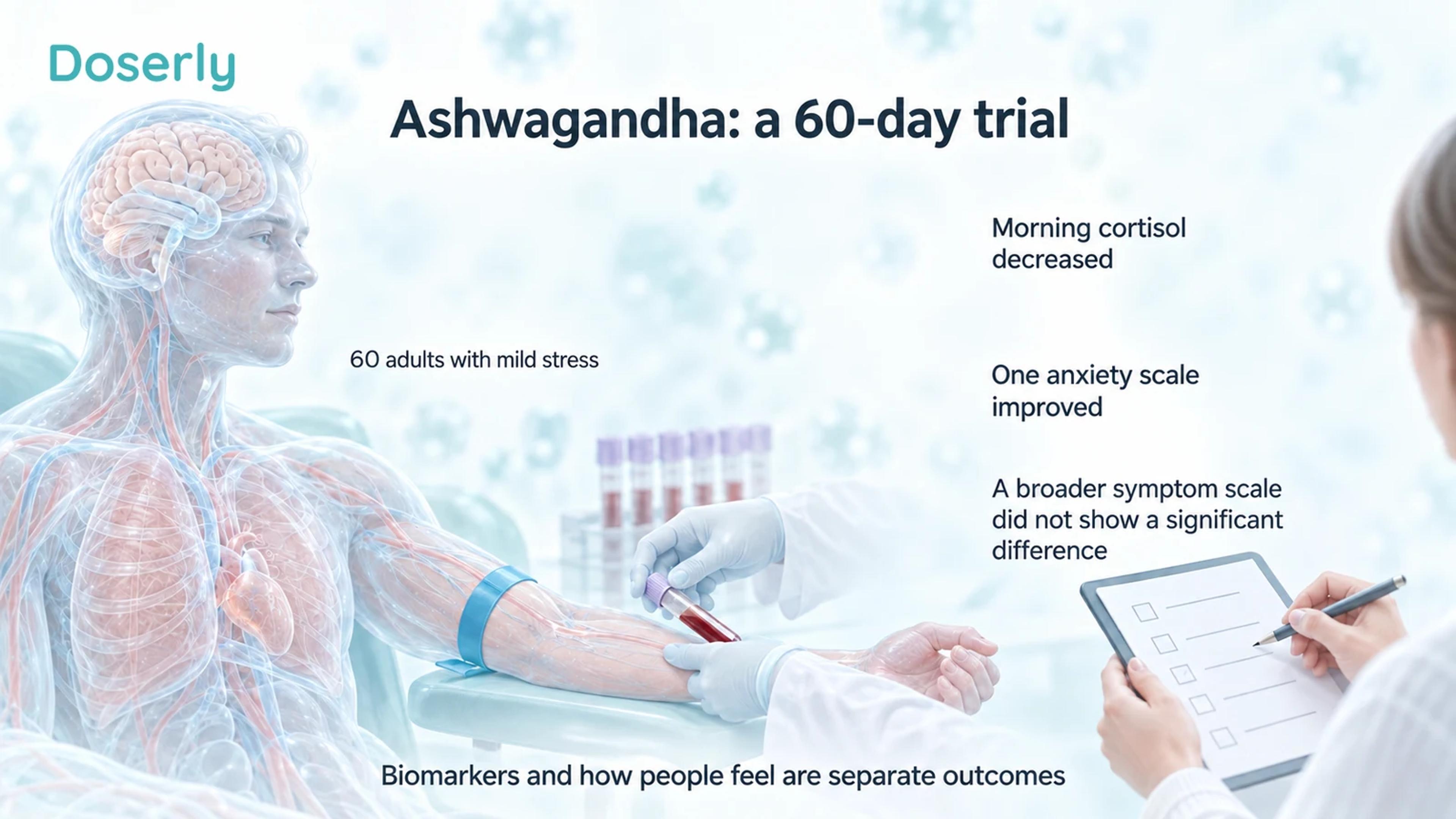 An illustrated blood draw and symptom questionnaire show the 60-day ashwagandha trial’s mixed results: lower morning cortisol, improvement on one anxiety scale, and no significant difference on a broader symptom scale.