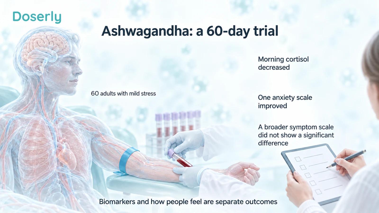 An illustrated blood draw and symptom questionnaire show the 60-day ashwagandha trial’s mixed results: lower morning cortisol, improvement on one anxiety scale, and no significant difference on a broader symptom scale.