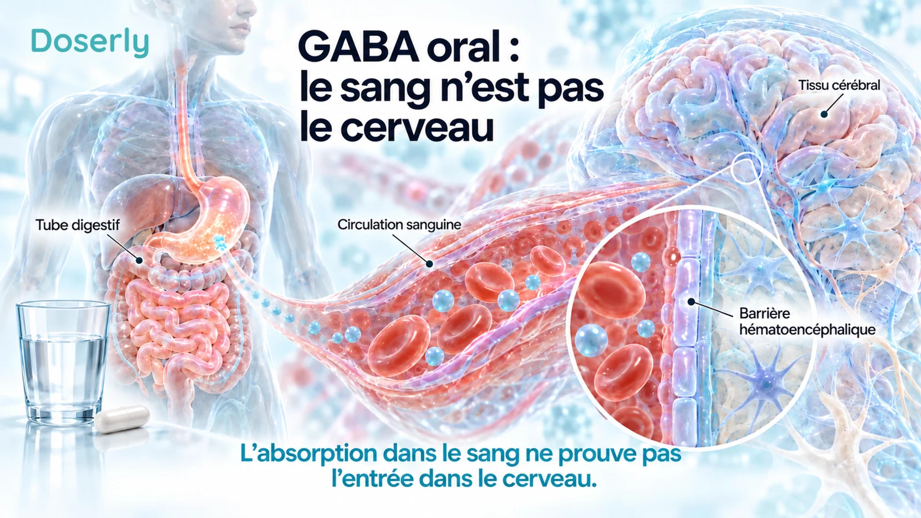 Une anatomie digestive translucide, un vaisseau sanguin et un agrandissement de la barrière hématoencéphalique montrent pourquoi l’absorption dans le sang diffère de l’entrée dans le tissu cérébral.
