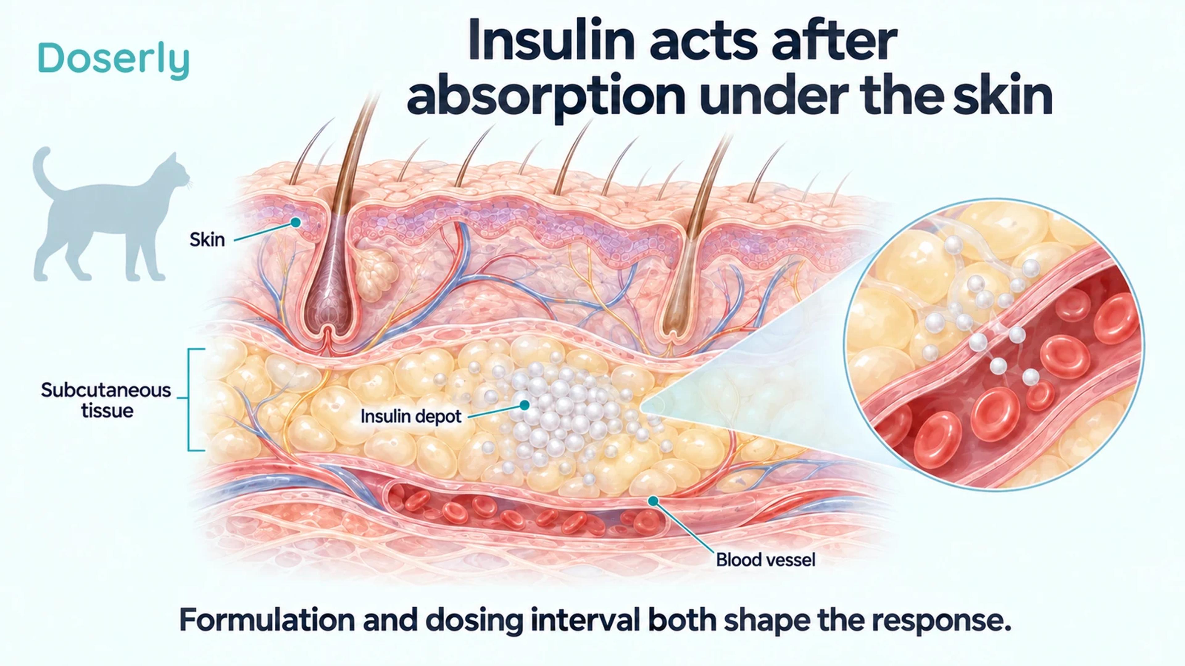 Detailed feline skin cross-section showing a conceptual insulin depot in subcutaneous tissue and a nearby blood vessel.