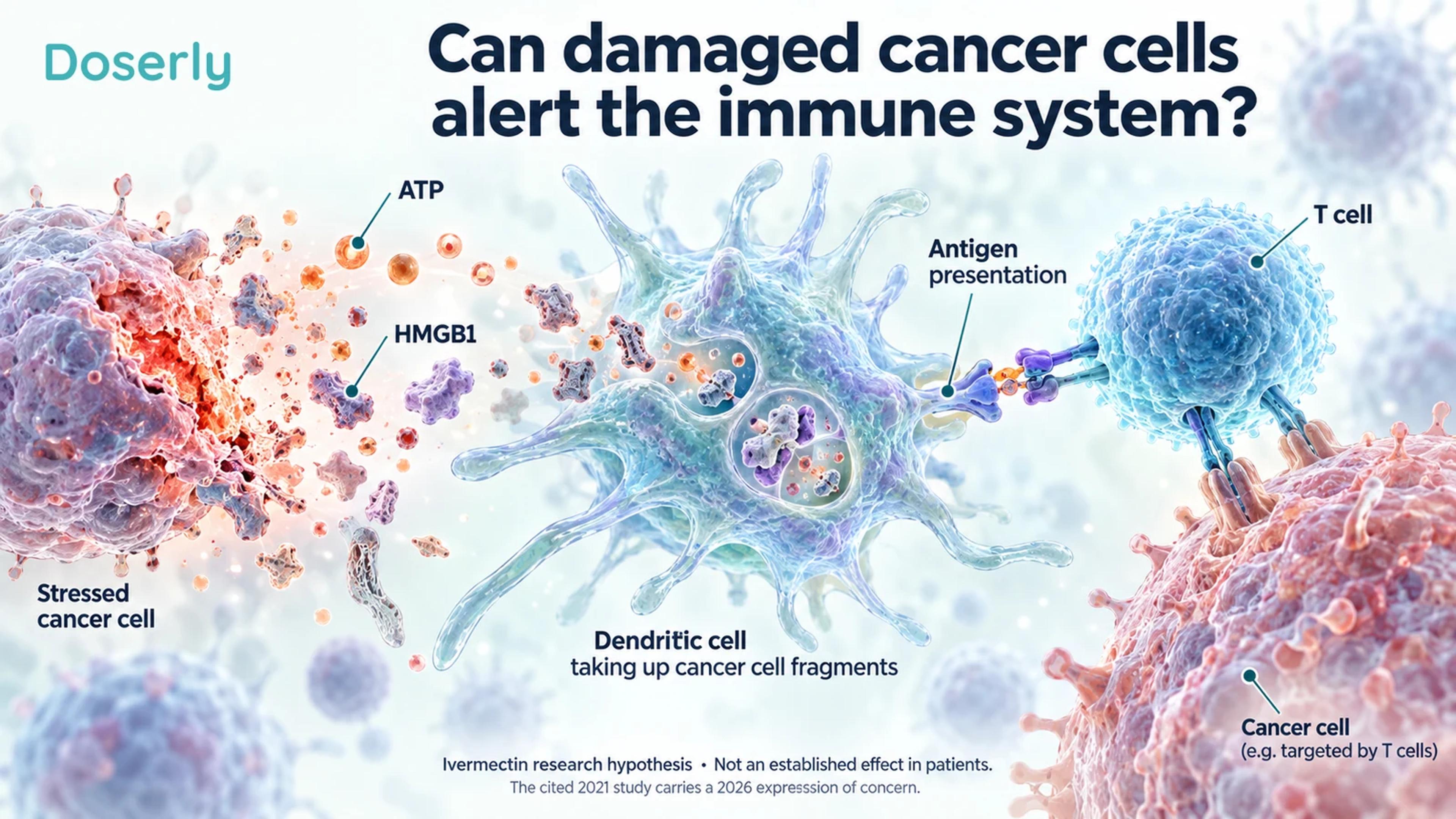 Conceptual tumor immune response showing signals from stressed tumor cells, antigen-presenting cells and T cells.