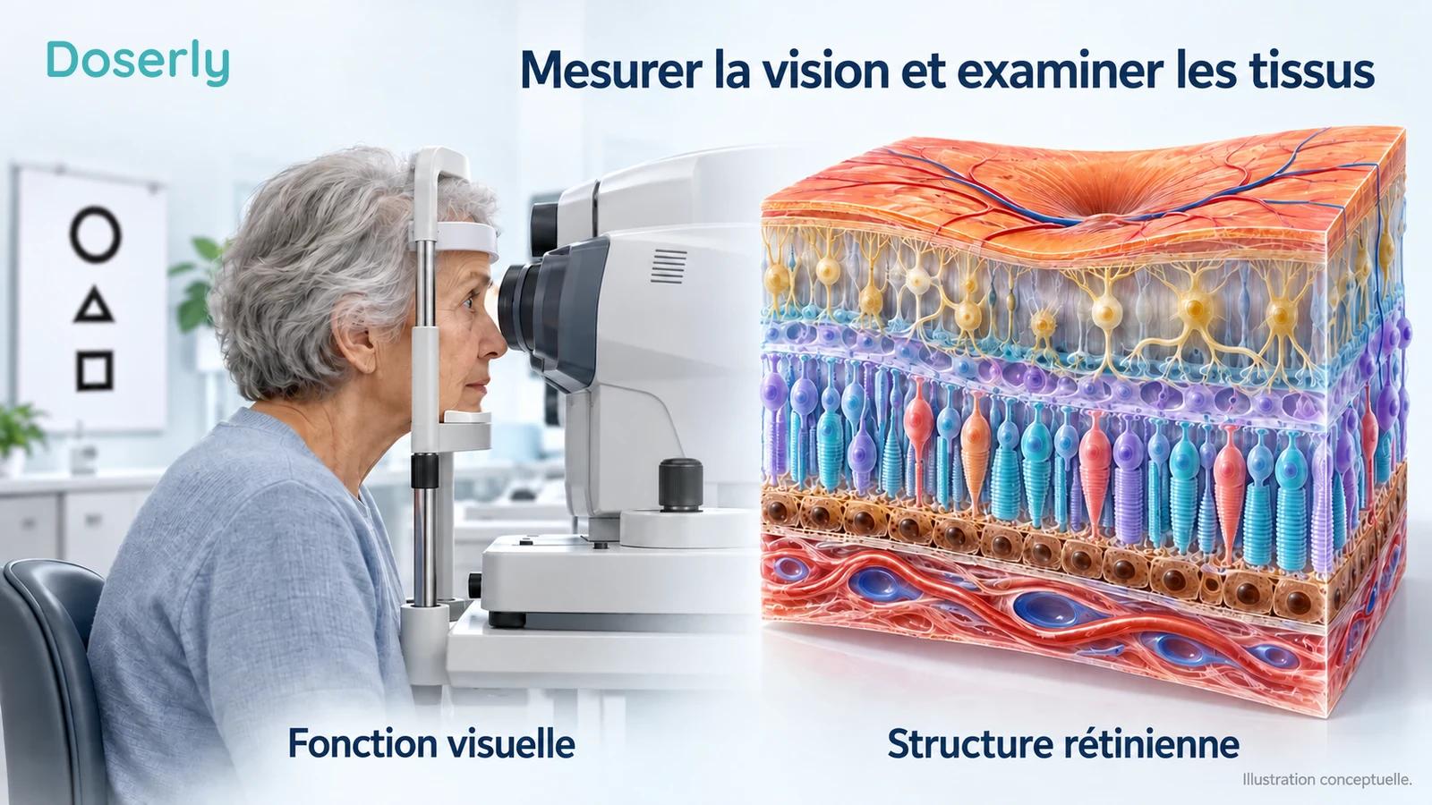 Une scène d’examen oculaire réunit un modèle anatomique rétinien, un écran simple de test de vision et un appareil d’imagerie.