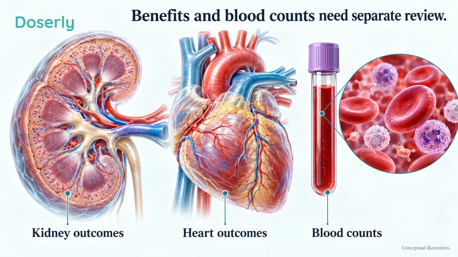 Detailed kidney and heart anatomy surrounds a blood sample, illustrating the separate clinical benefits and safety measurements considered during co-treatment.